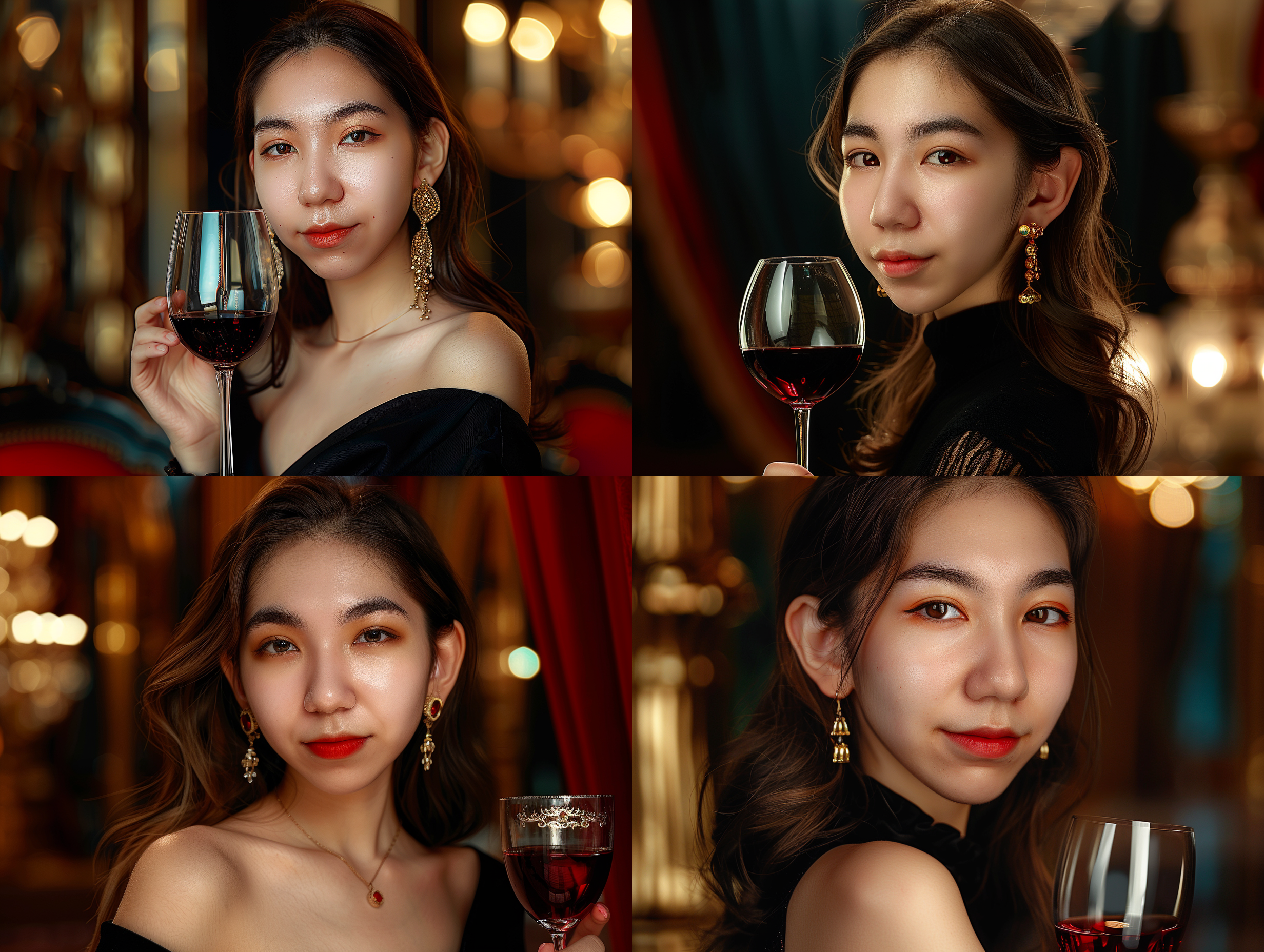 人物脸部特写，喝红酒，近景构图，柔和光线，室内环境，标准镜头，浅景深，微醺表情，红润肤色，优雅姿态，红酒杯，细腻质感，温馨氛围。 歌剧院大厅