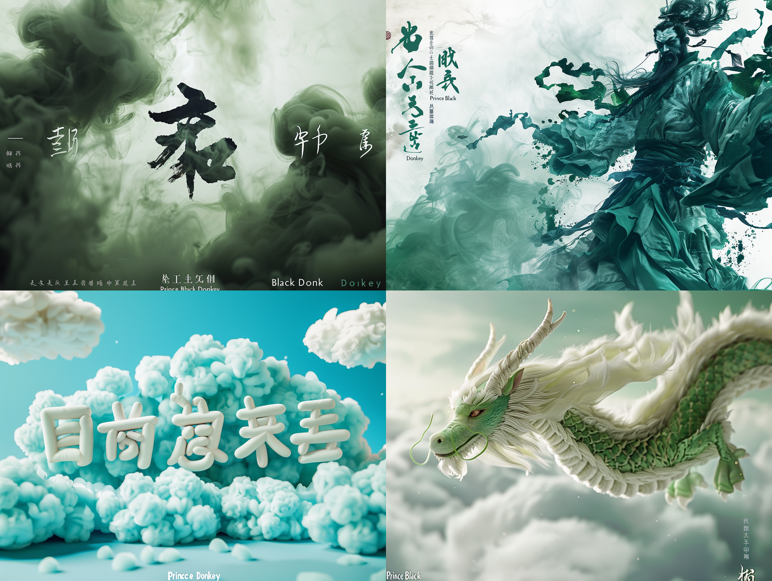 绿色，毛茸茸的文字"黑驴王子 "似乎漂浮在空中，白色背景，三维排版设计，整体美感空灵梦幻，排版采用柔和的全息处理 天鹅绒