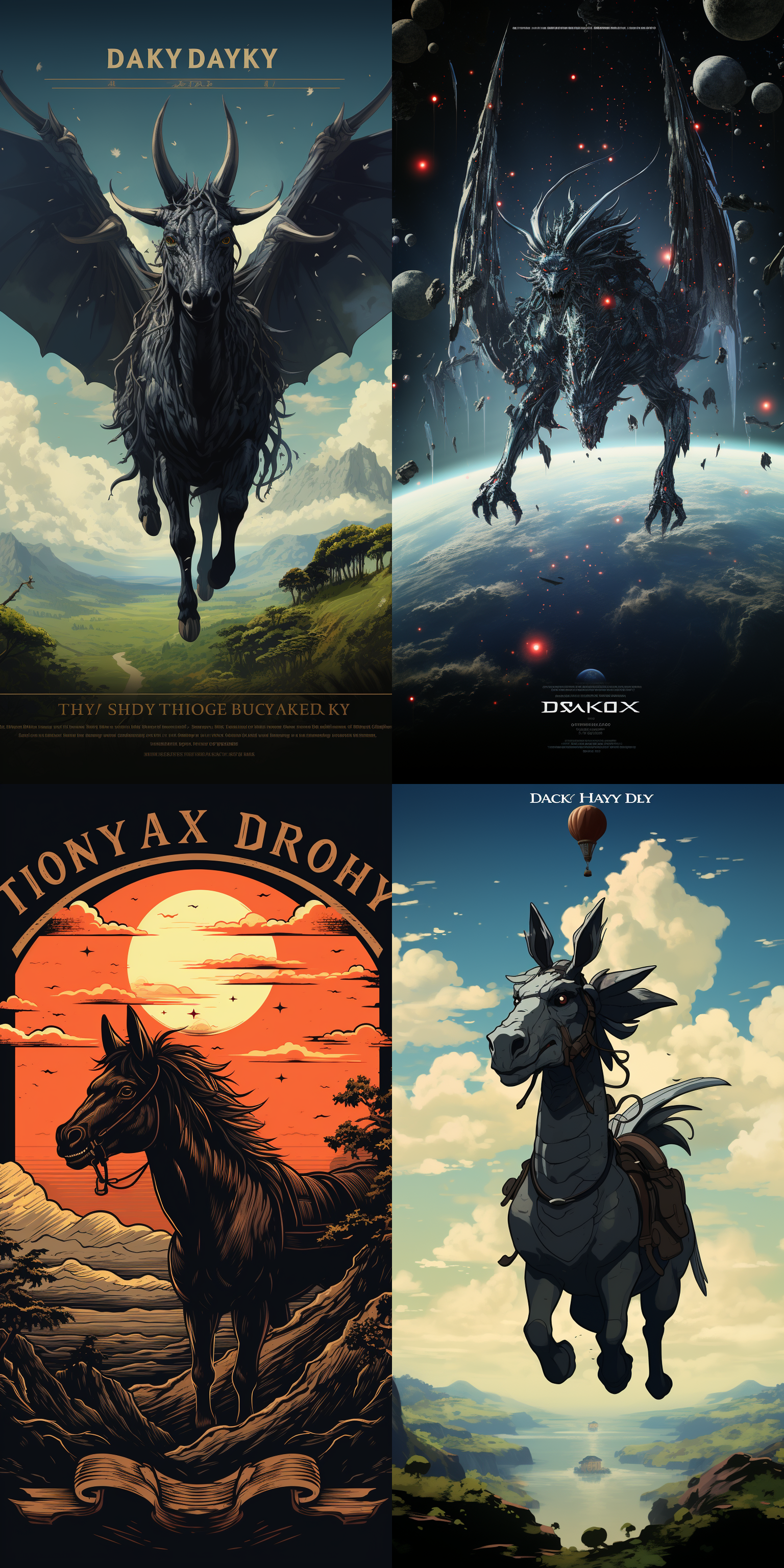 驴上空盘旋着一只龙，有主题文字"black doney"，电影风，宫崎骏风格 二维插图