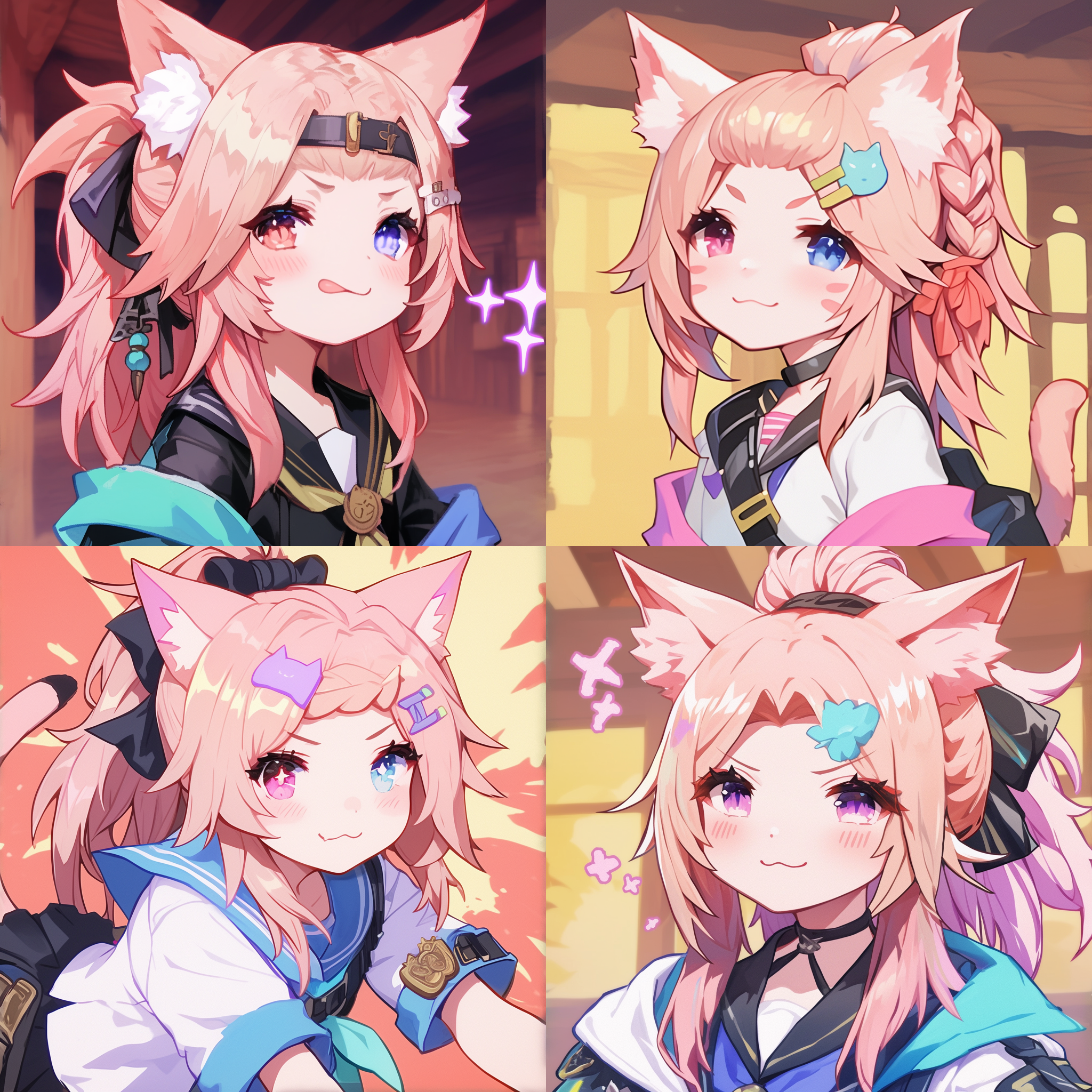 粉色头发猫娘，室内背景，狡猾情绪，可爱，屑表情，暖色调，广角镜头，侧光，快速快门，跳跃，粉色头发，猫耳，尾巴，狡猾眼神，可爱笑容，屑表情，魔法学院背景，魔法，昏黄的灯，魔法学院教室，异世界，贱兮兮的表情，欠揍。