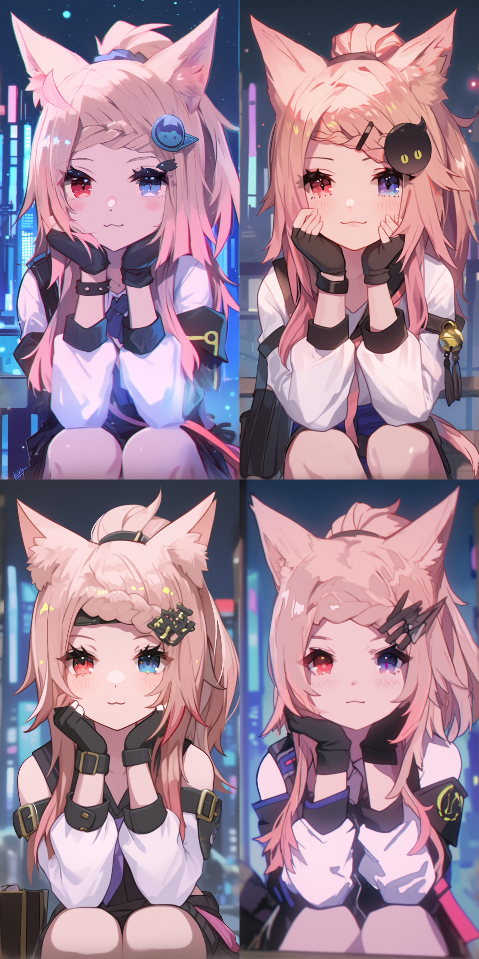 粉色头发猫娘，室内背景，狡猾情绪，可爱，屑表情，暖色调，夏日夜晚，公交车站，等待，远处的城市，灯光对比，萤火虫，左瞳色红色，右瞳蓝色，1080p，高分辨率，细腻皮肤，柔和光线，广角镜头，环境光，动态模糊，城市夜景，荧光效果，表情生动，色彩鲜明，情绪复杂。