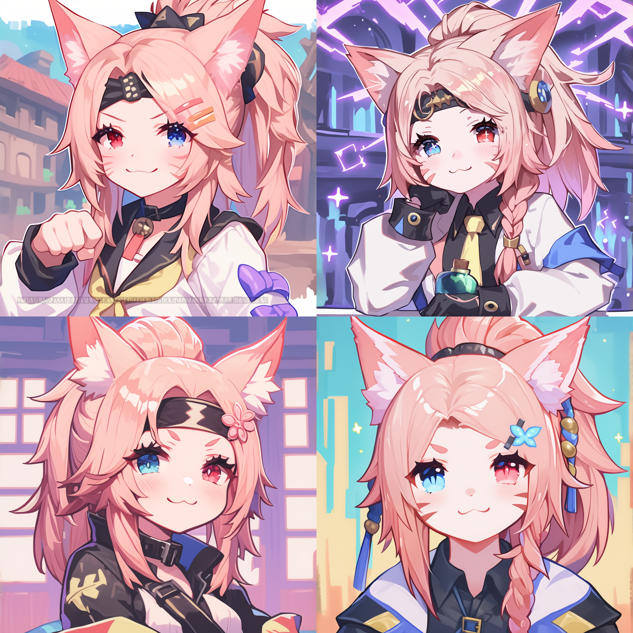 粉色头发猫娘，室内背景，狡猾情绪，可爱，屑表情，暖色调，夏日夜晚，萤火虫，左瞳色红色，右瞳蓝色。1080p，冒险风格，魔法学院背景，动态姿势，阳光照耀，笑容满面，细节丰富，色彩鲜艳，广角镜头，自然光，活力四射，勇敢无畏，魔法，异世界，丰富背景，更多细节。