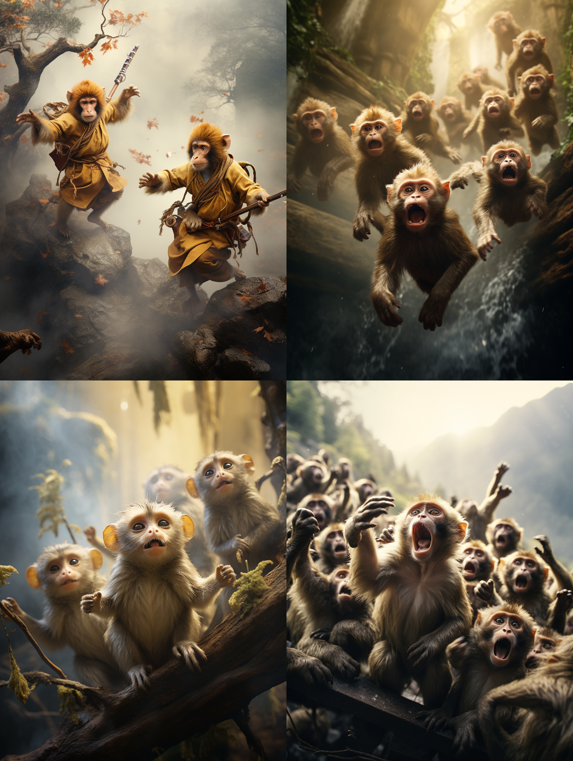 峨眉山猴子张牙舞爪，自然风光，动态捕捉，近距离，森林背景，广角镜头，自然光，快速快门，生动表情，棕色毛发，紧张气氛。