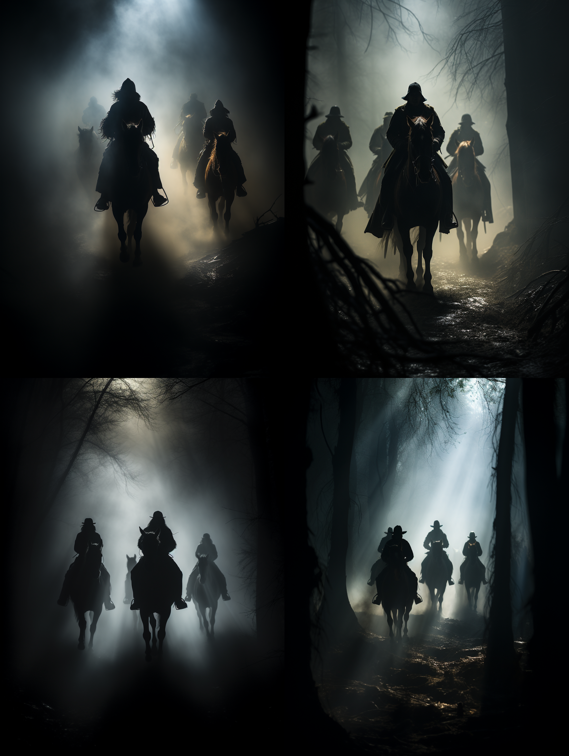 浓雾中骑马人群，若隐若现，暗色调，广角镜头，低角度拍摄，逆光，模糊效果，动态模糊，深邃，神秘。