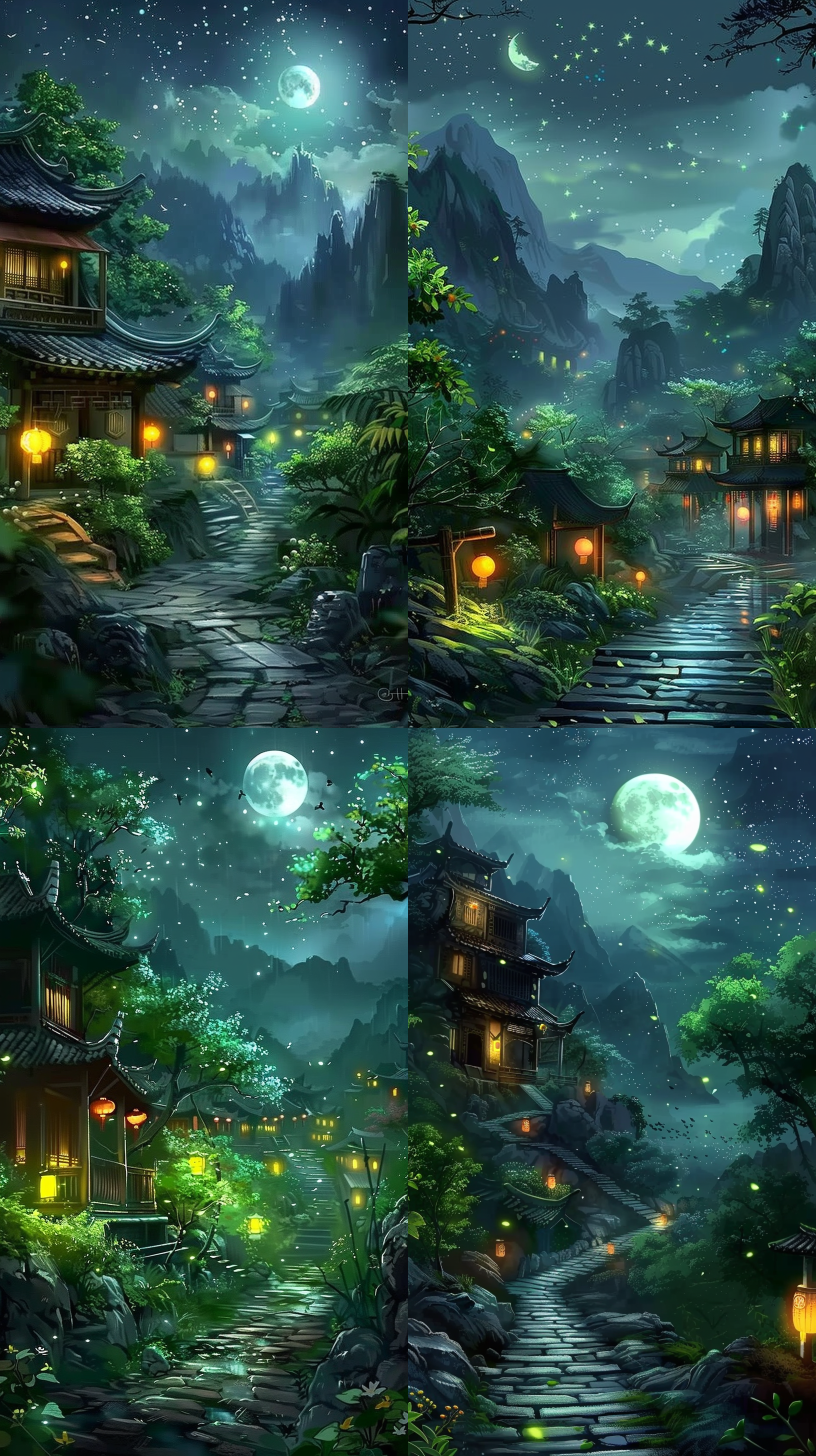 nightime village background, beautiful iphone wallpaper, by randall schmit, enchanted dreams. instagram, chinese fantasy, green wallpaper background, 🌸 🌼 💮, passages, connectedness, fireflies!!, by lionel walden, japan at night, walkways, breathtaking stars, zen aesthetic, midnight hour
