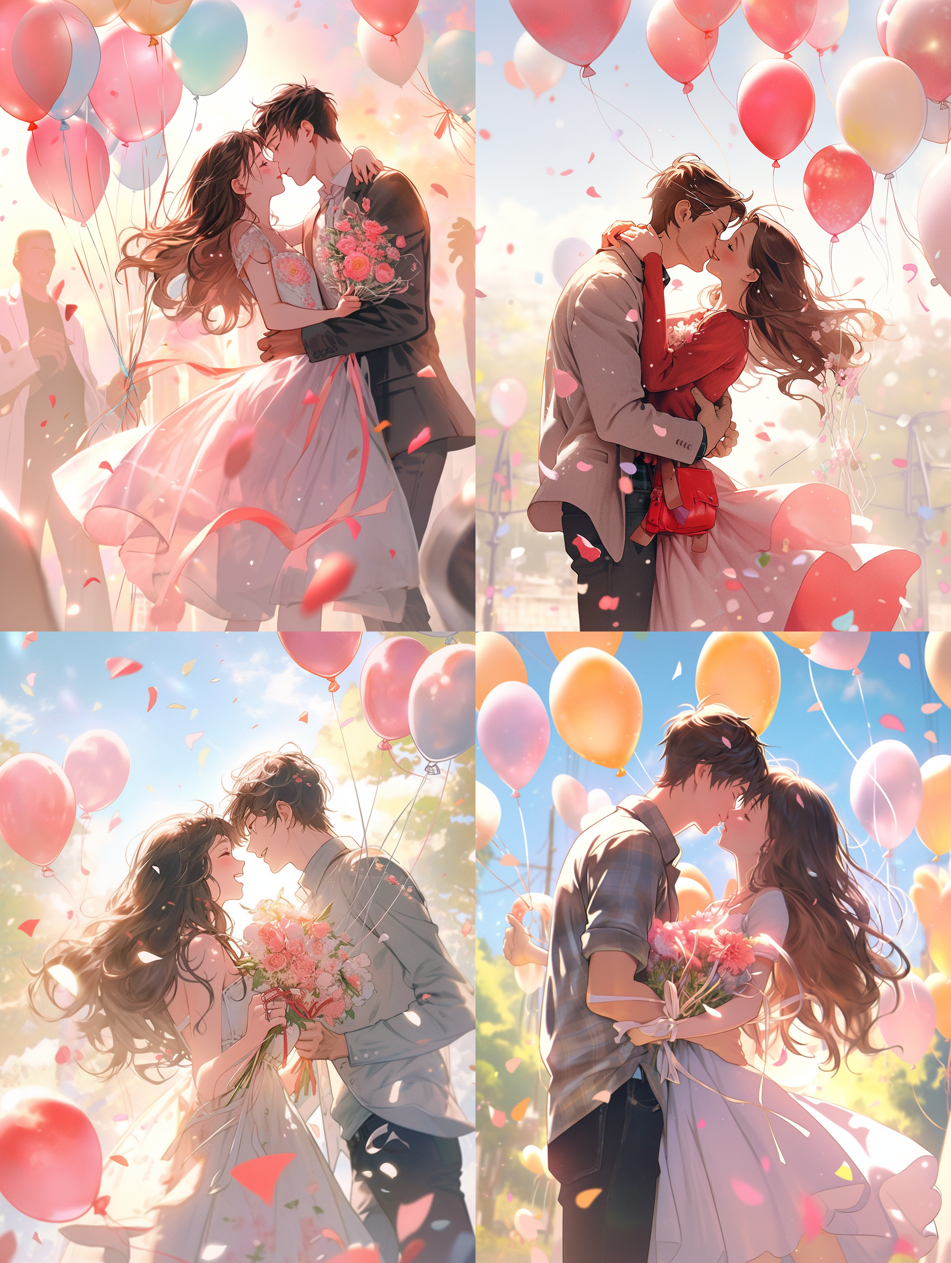 情人节，年轻情侣对视，花瓣彩带气球飘落，草坪背景，浪漫感，全景，梦幻插画风格，超细节，超高清8k，柔和光线，暖色调，细腻表情，幸福氛围，细节丰富，色彩鲜艳，情感深邃。