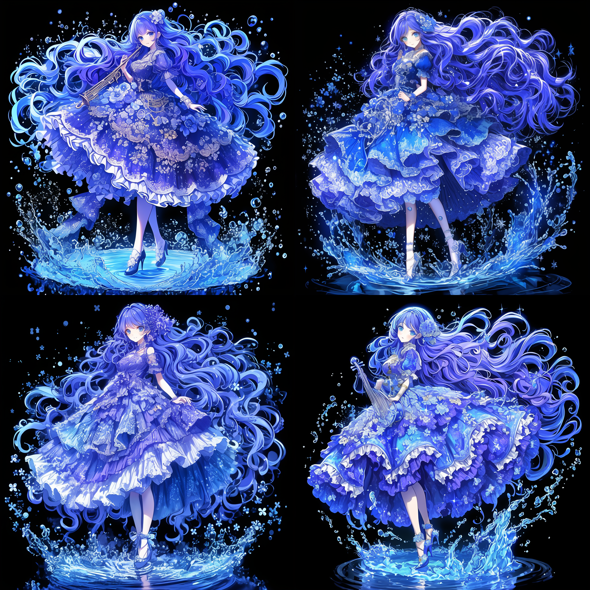 网红脸女吟游诗人，乐器，身材曲线优美，胯下与大腿线条流畅，高分辨率，超现实，魔法氛围，动态模糊，全身像，神秘表情，长发飘逸，暗色调，广角镜头，侧光，慢快门，悬浮元素，神秘感，幻想色彩