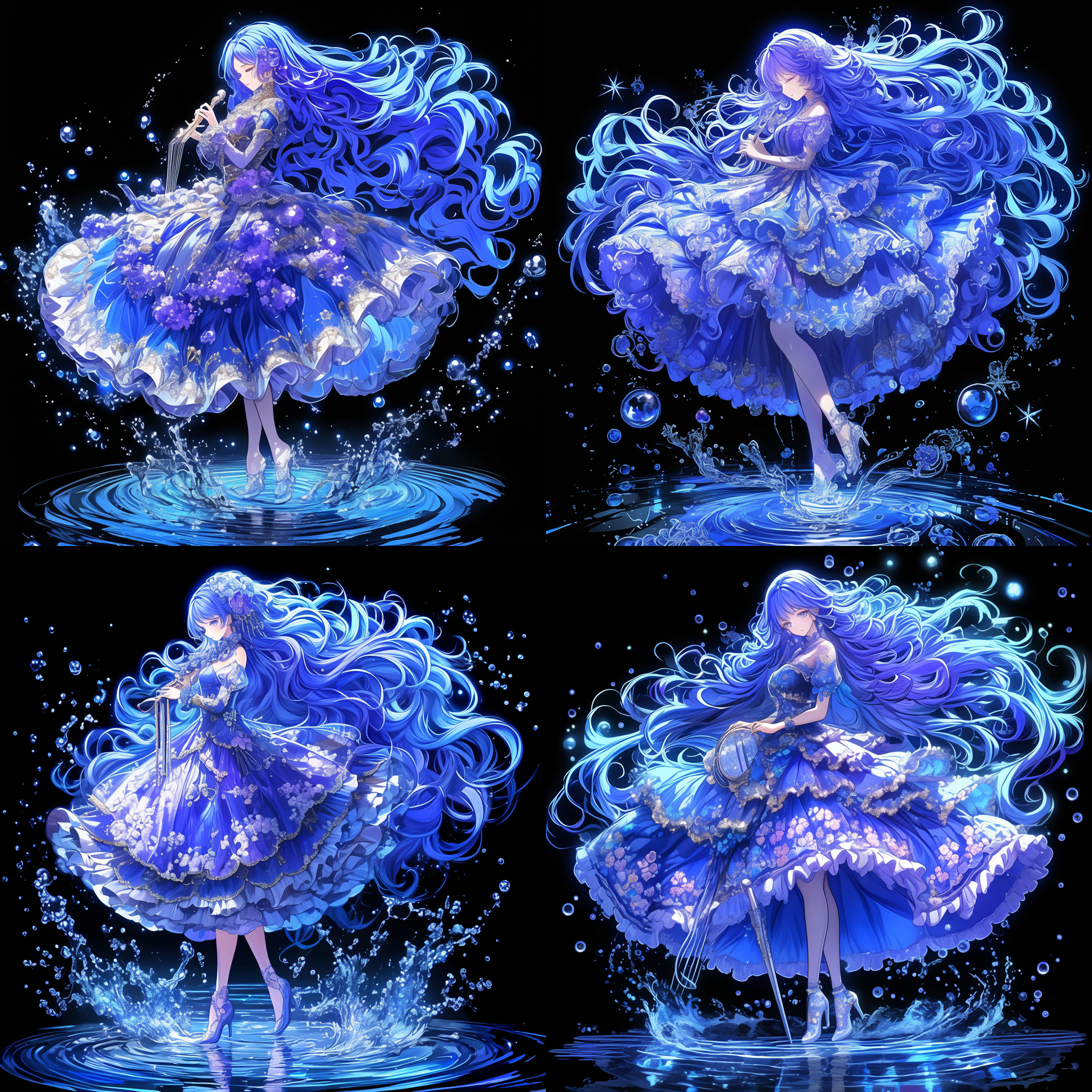 网红脸女吟游诗人，乐器，身材曲线优美，胯下与大腿线条流畅，高分辨率，超现实，魔法氛围，动态模糊，全身像，神秘表情，长发飘逸，暗色调，广角镜头，侧光，慢快门，悬浮元素，神秘感，幻想色彩