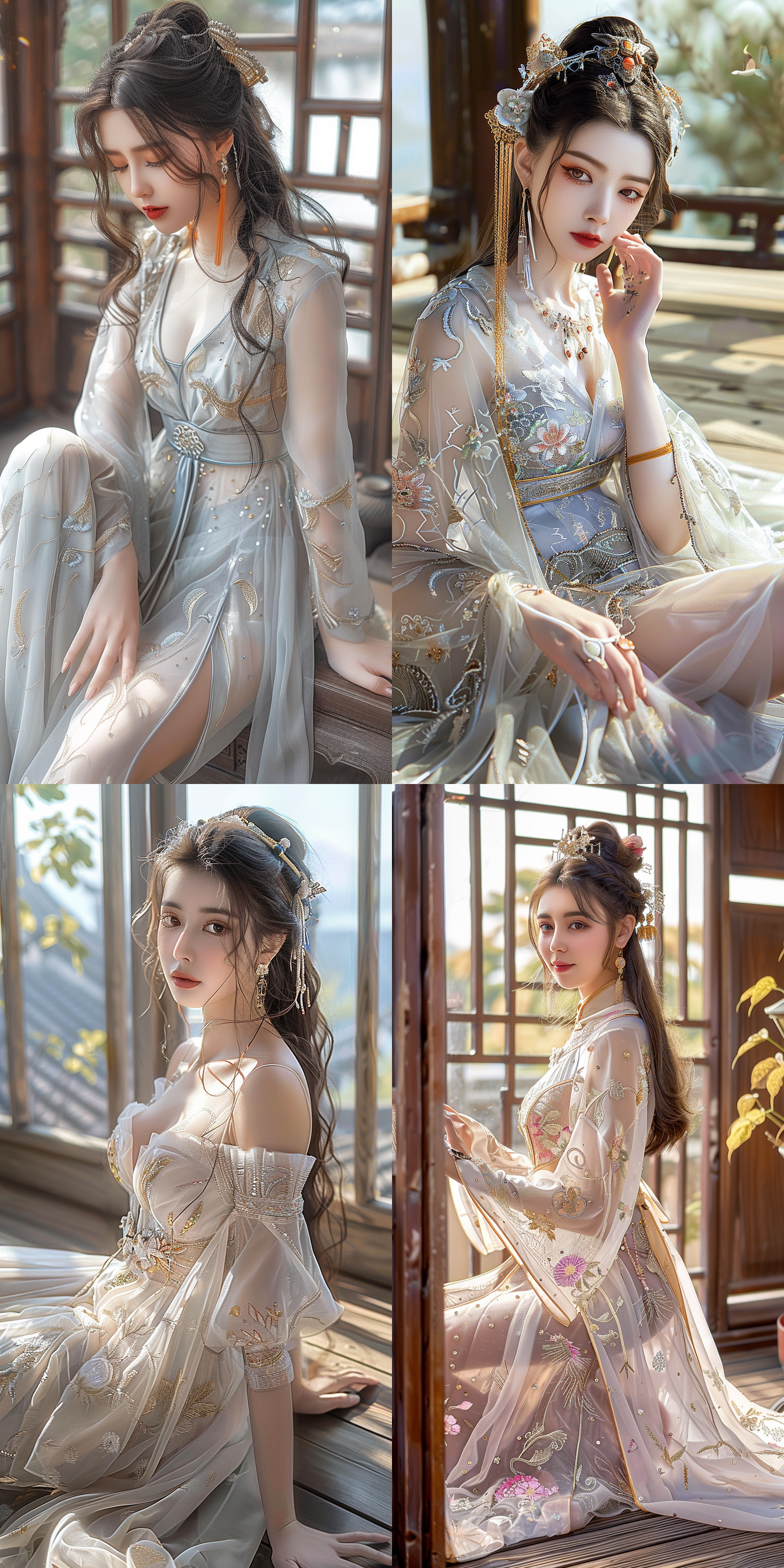 美女，曲线优美，五官精致，中国风，透光汉服，华丽饰品，网红脸，细节丰富，柔和光线，长焦镜头，室内环境，暖色调，优雅姿态，传统元素，现代审美。