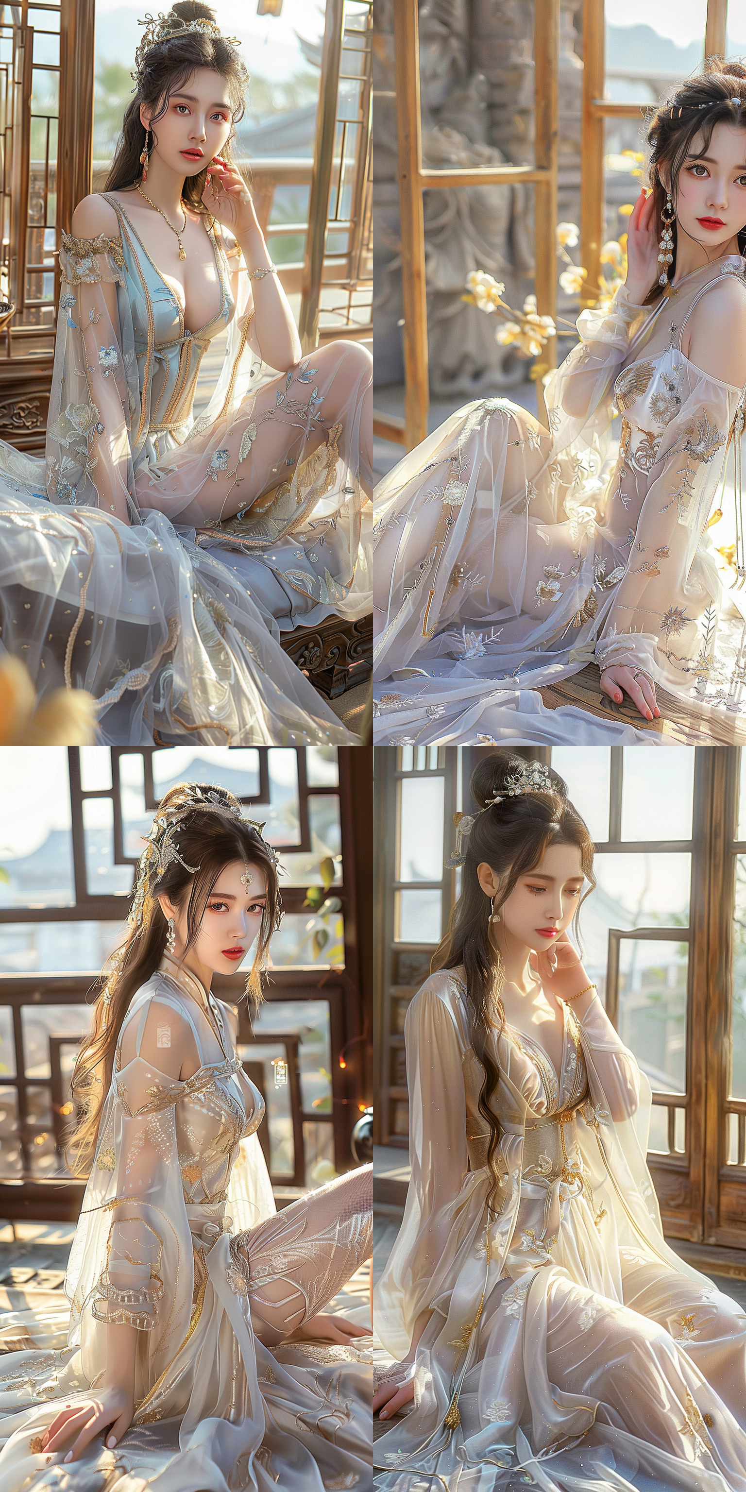 美女，曲线优美，五官精致，中国风，透光汉服，华丽饰品，网红脸，细节丰富，柔和光线，长焦镜头，室内环境，暖色调，优雅姿态，传统元素，现代审美。