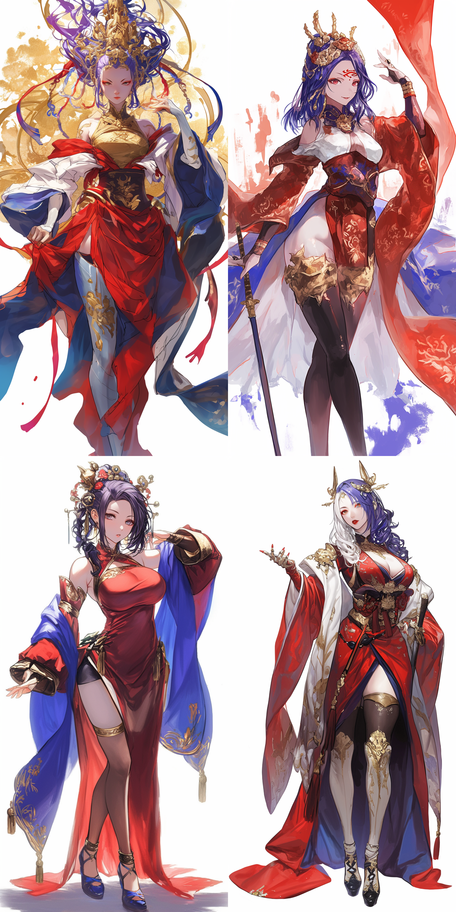 神里绫华，白色背景，线条草图，比例精确，动态姿势，3d效果，深度增强，红色，金色，蓝色，局部上色，动态捕捉，清晰标记，比例准确，线条流畅，色彩鲜艳，表情生动，动作优雅，光影效果，细节丰富，背景简洁，焦点突出。