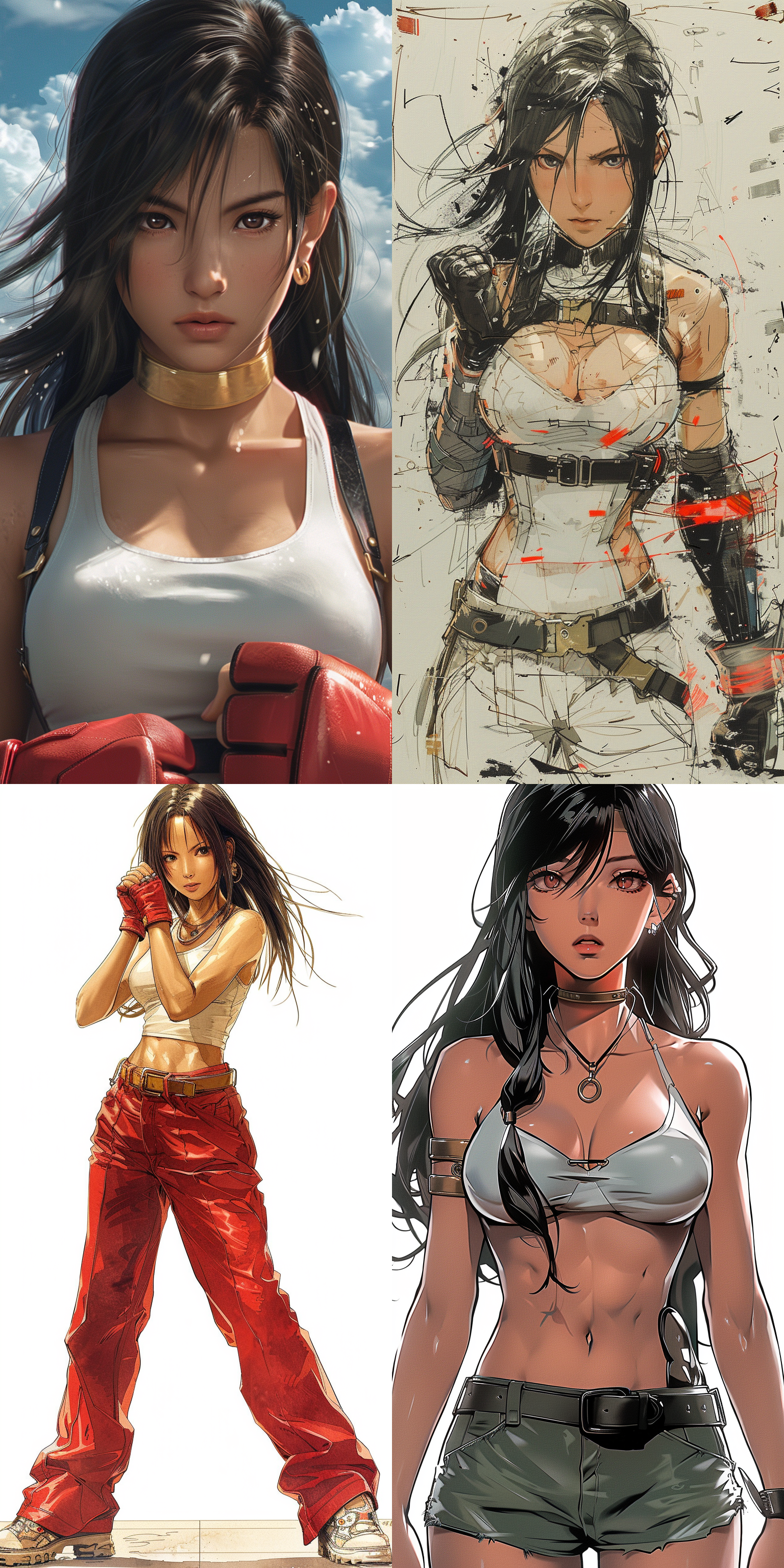 蒂法，白色背景，线条草图，比例精确，动态姿势，3d效果，深度增强，红色，金色，蓝色，局部上色，动态捕捉，清晰标记，比例准确，线条流畅，色彩鲜艳，表情生动，动作优雅，光影效果，细节丰富，背景简洁，焦点突出。