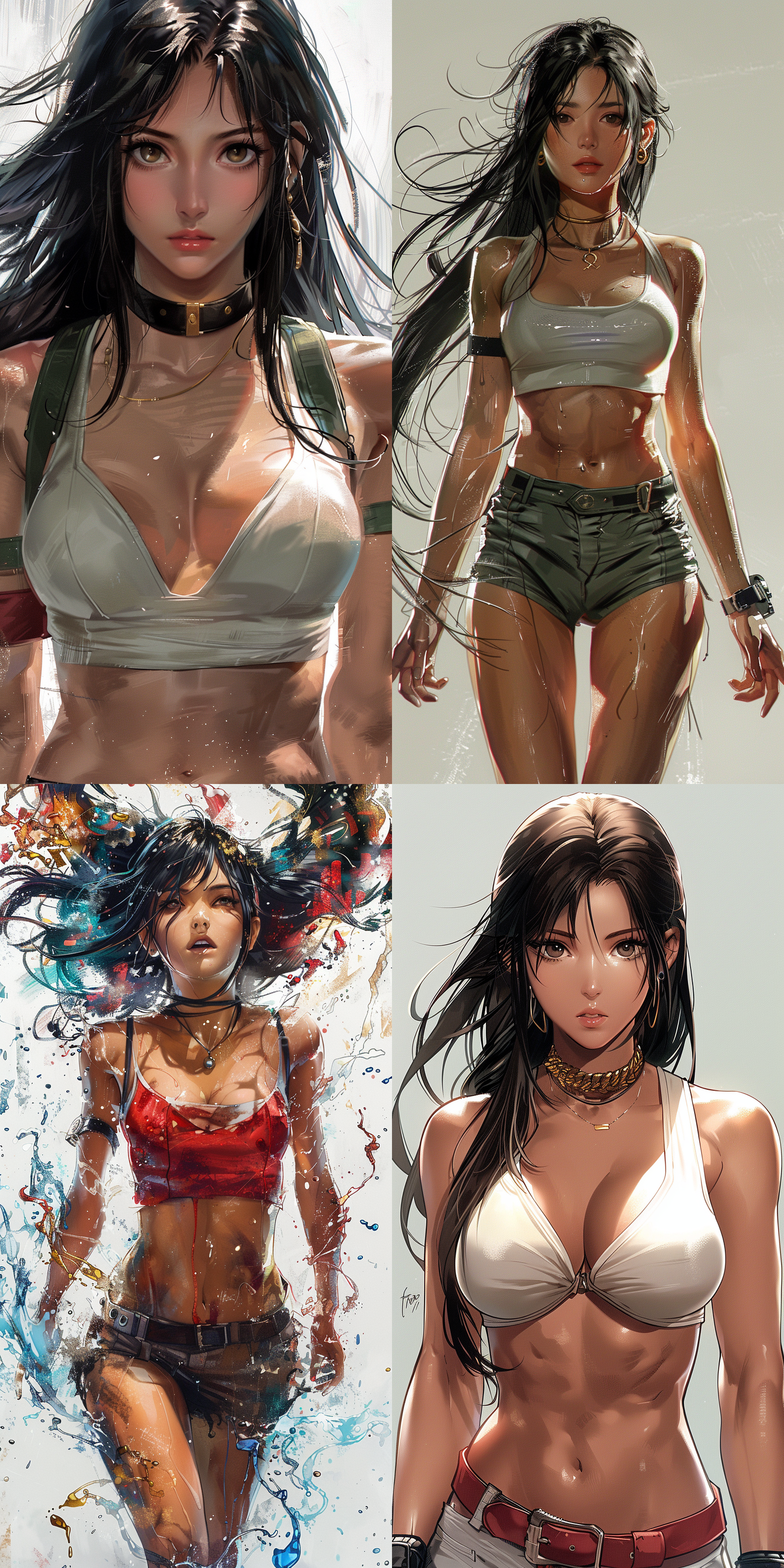 蒂法，白色背景，线条草图，比例精确，动态姿势，3d效果，深度增强，红色，金色，蓝色，局部上色，动态捕捉，清晰标记，比例准确，线条流畅，色彩鲜艳，表情生动，动作优雅，光影效果，细节丰富，背景简洁，焦点突出。