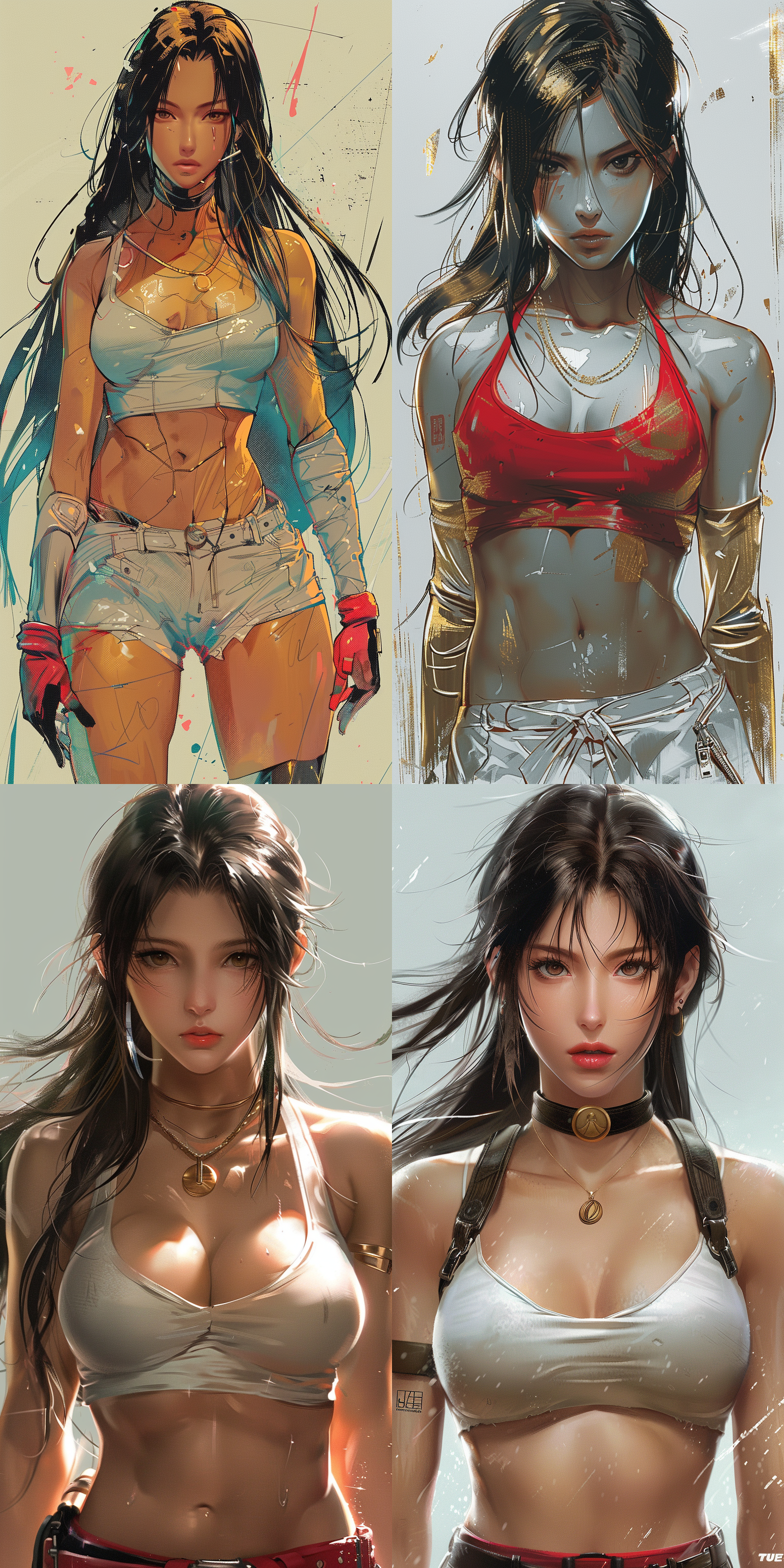 蒂法，白色背景，线条草图，比例精确，动态姿势，3d效果，深度增强，红色，金色，蓝色，局部上色，动态捕捉，清晰标记，比例准确，线条流畅，色彩鲜艳，表情生动，动作优雅，光影效果，细节丰富，背景简洁，焦点突出。