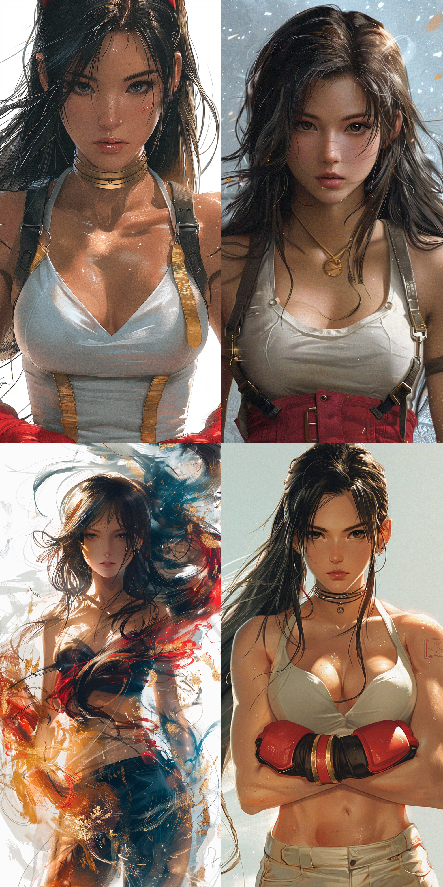 蒂法，白色背景，线条草图，比例精确，动态姿势，3d效果，深度增强，红色，金色，蓝色，局部上色，动态捕捉，清晰标记，比例准确，线条流畅，色彩鲜艳，表情生动，动作优雅，光影效果，细节丰富，背景简洁，焦点突出。