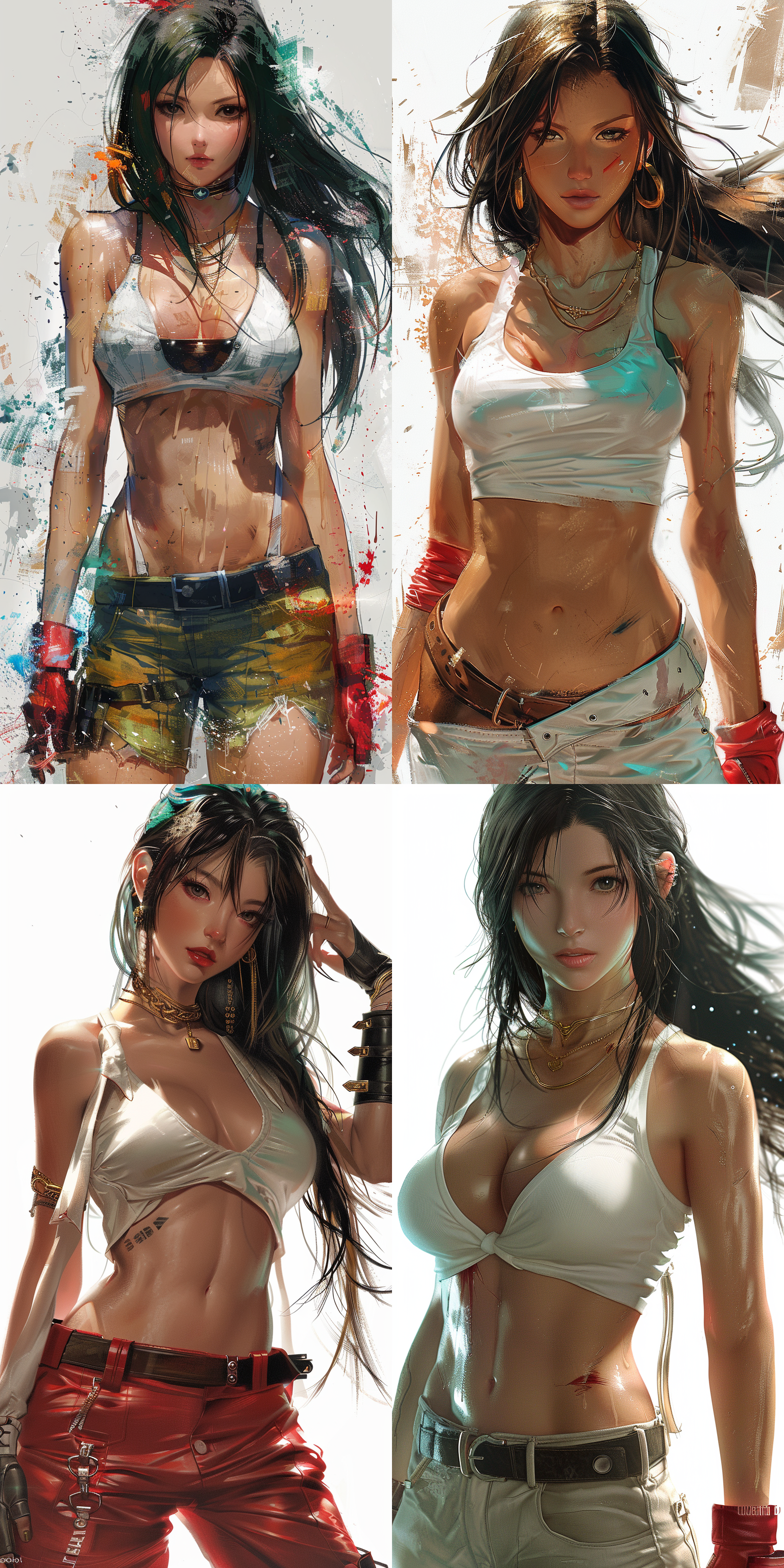 蒂法，白色背景，线条草图，比例精确，动态姿势，3d效果，深度增强，红色，金色，蓝色，局部上色，动态捕捉，清晰标记，比例准确，线条流畅，色彩鲜艳，表情生动，动作优雅，光影效果，细节丰富，背景简洁，焦点突出。