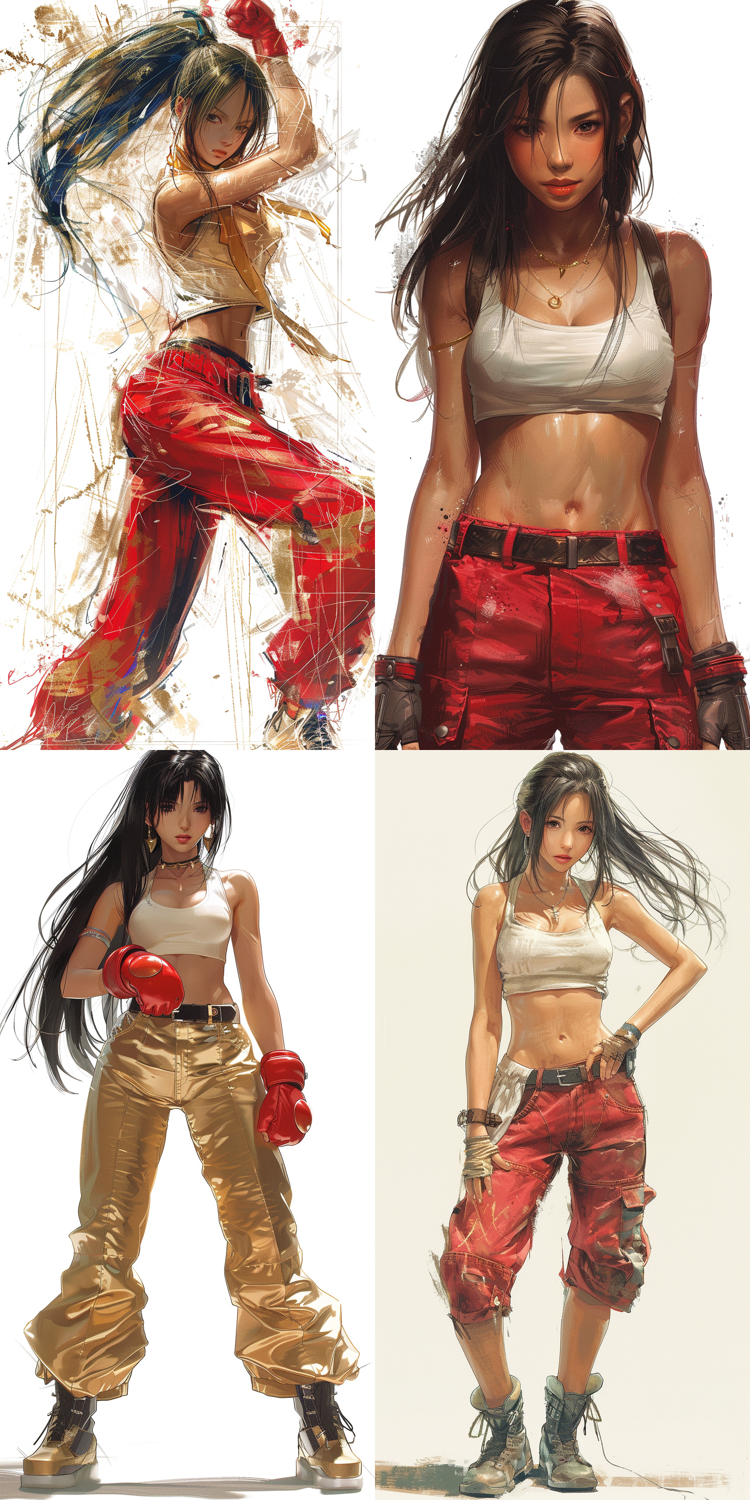 蒂法，白色背景，线条草图，比例精确，动态姿势，3d效果，深度增强，红色，金色，蓝色，局部上色，动态捕捉，清晰标记，比例准确，线条流畅，色彩鲜艳，表情生动，动作优雅，光影效果，细节丰富，背景简洁，焦点突出。