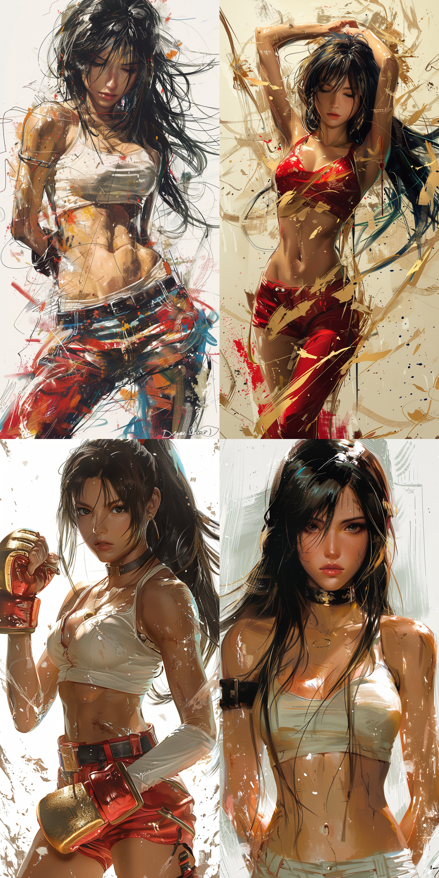 蒂法，白色背景，线条草图，比例精确，动态姿势，3d效果，深度增强，红色，金色，蓝色，局部上色，动态捕捉，清晰标记，比例准确，线条流畅，色彩鲜艳，表情生动，动作优雅，光影效果，细节丰富，背景简洁，焦点突出。