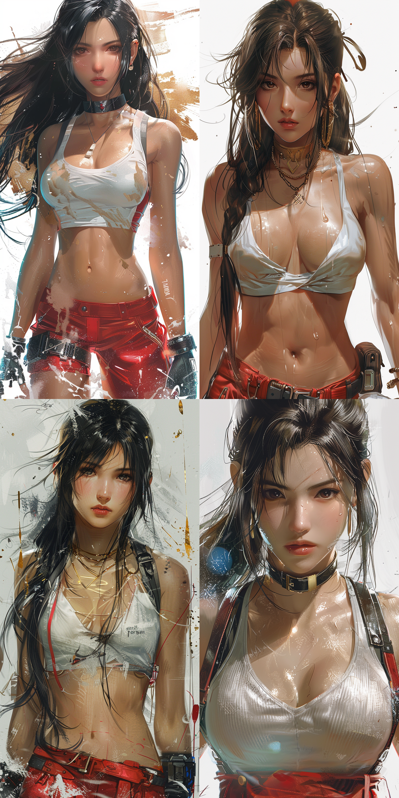 蒂法，白色背景，线条草图，比例精确，动态姿势，3d效果，深度增强，红色，金色，蓝色，局部上色，动态捕捉，清晰标记，比例准确，线条流畅，色彩鲜艳，表情生动，动作优雅，光影效果，细节丰富，背景简洁，焦点突出。