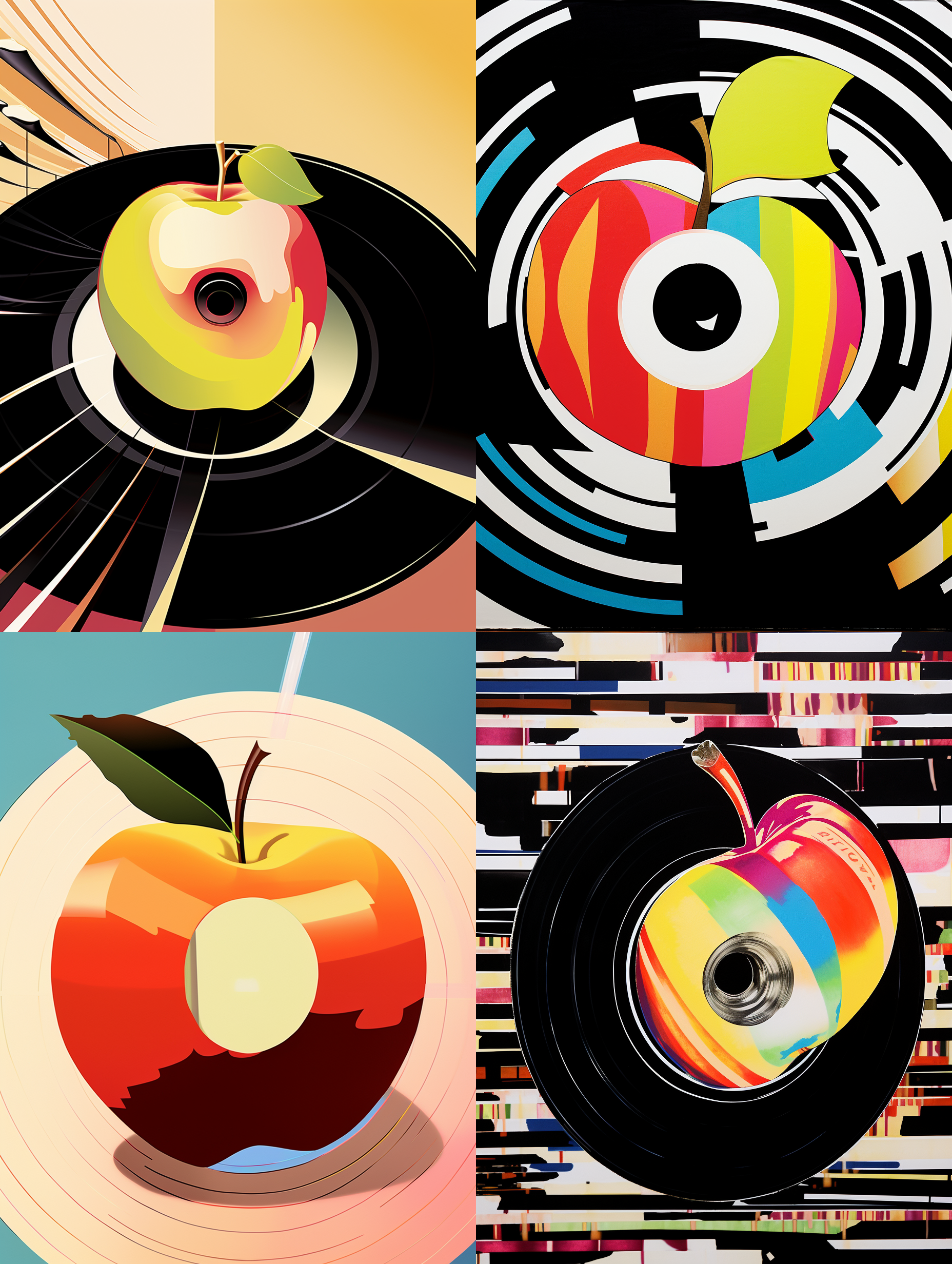 波普艺术苹果，在复古唱片封面上旋转，对角线构图，黑胶唱片的暖光，理查德·汉密尔顿风格，以苹果为视觉中心，采用拼贴艺术风格，纸本媒介，1:1比例，线性透视，静态构图，乙烯基唱片材质，唱片纹理，表达复古与流行文化的氛围，细节包括苹果上的波点和条纹图案。