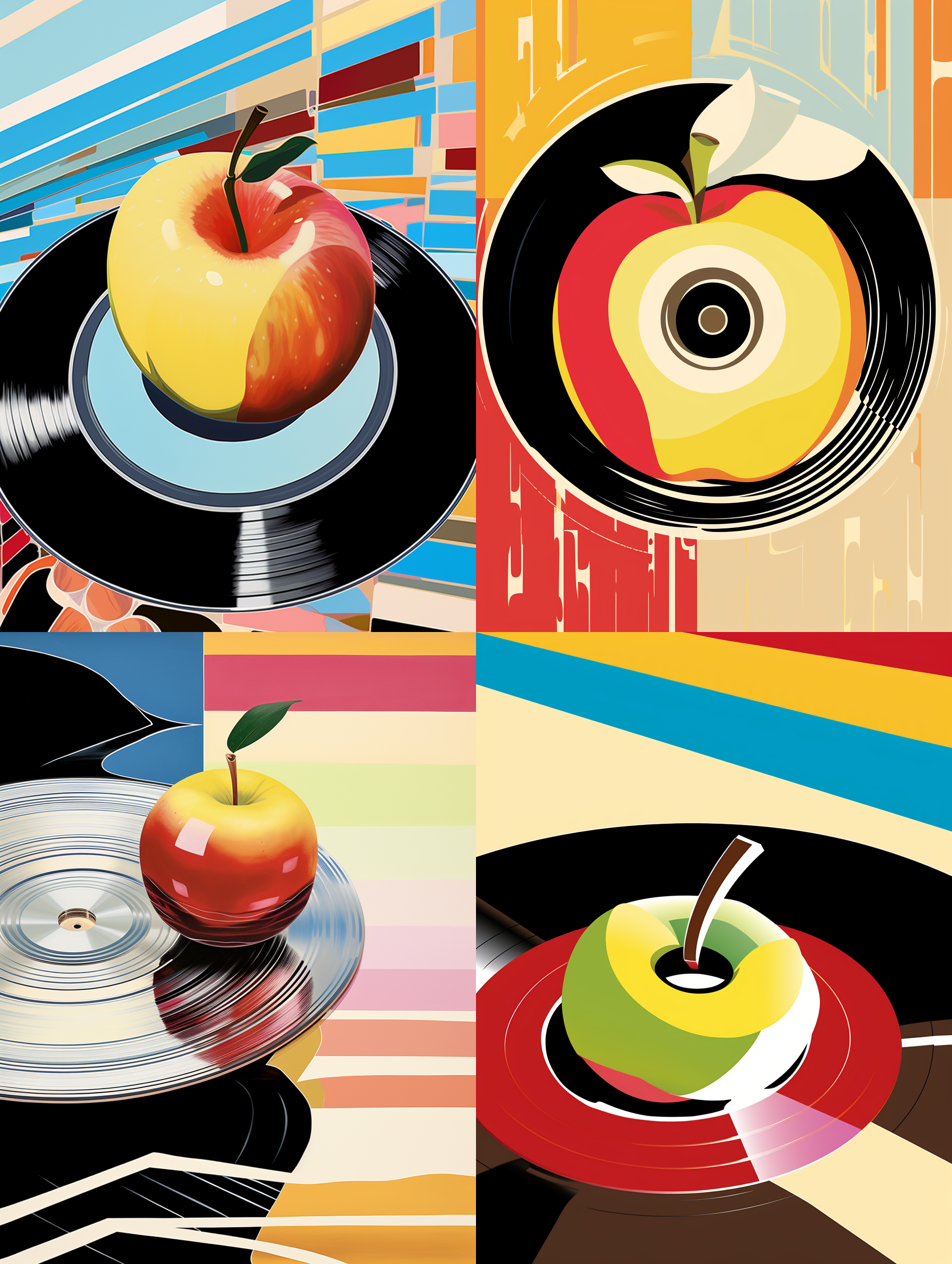 波普艺术苹果，在复古唱片封面上旋转，对角线构图，黑胶唱片的暖光，理查德·汉密尔顿风格，以苹果为视觉中心，采用拼贴艺术风格，纸本媒介，1:1比例，线性透视，静态构图，乙烯基唱片材质，唱片纹理，表达复古与流行文化的氛围，细节包括苹果上的波点和条纹图案。