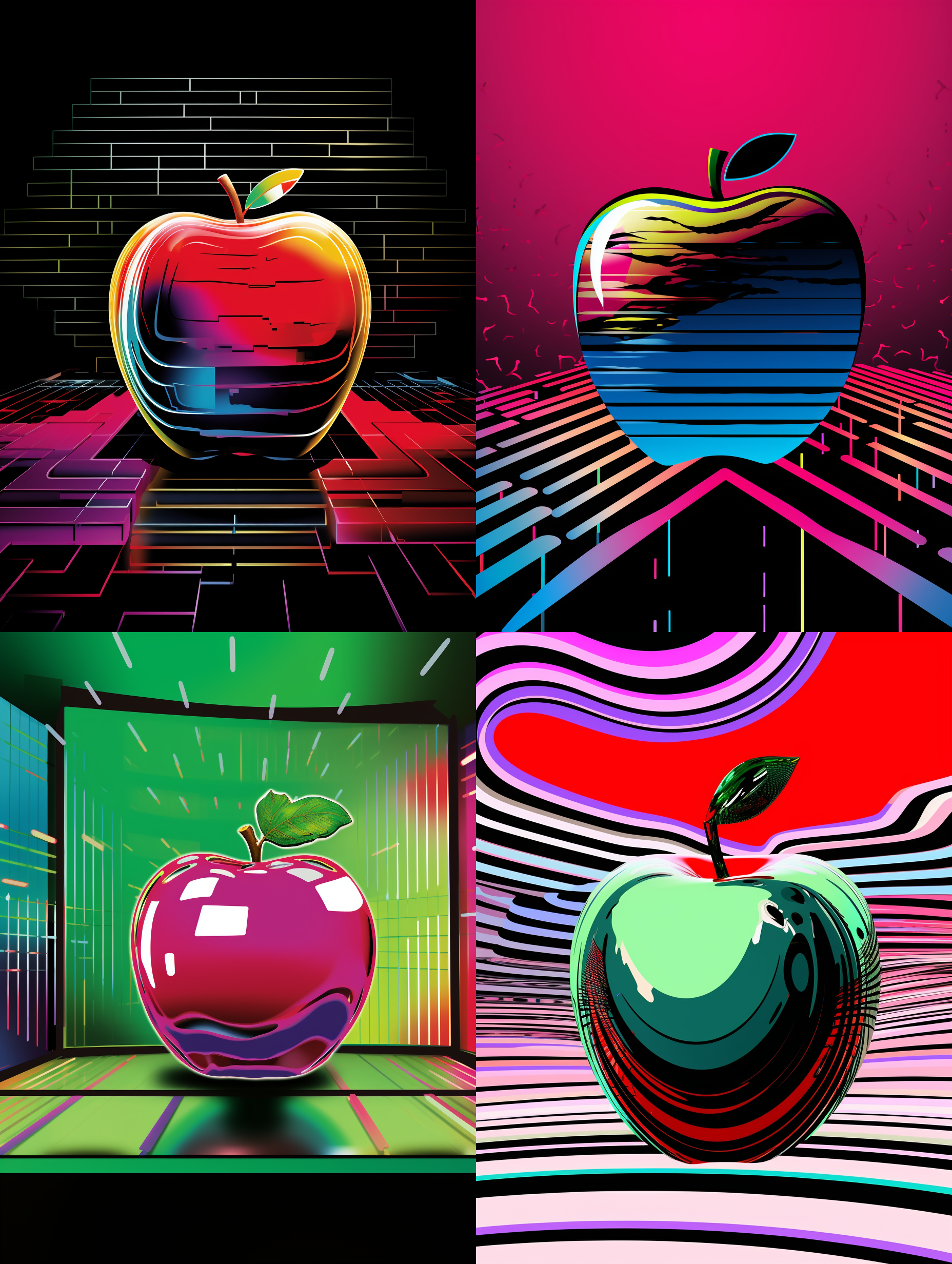 波普风格苹果，在虚拟广告牌上展示，中心构图，鲜艳的霓虹光线，故障艺术，以苹果为视觉中心，采用丝网印刷风格，数字媒介材质，1:1比例，平行透视，静态构图，光滑塑料材质，反光纹理，表达现代与活力的氛围，细节包括苹果表面的品牌logo。