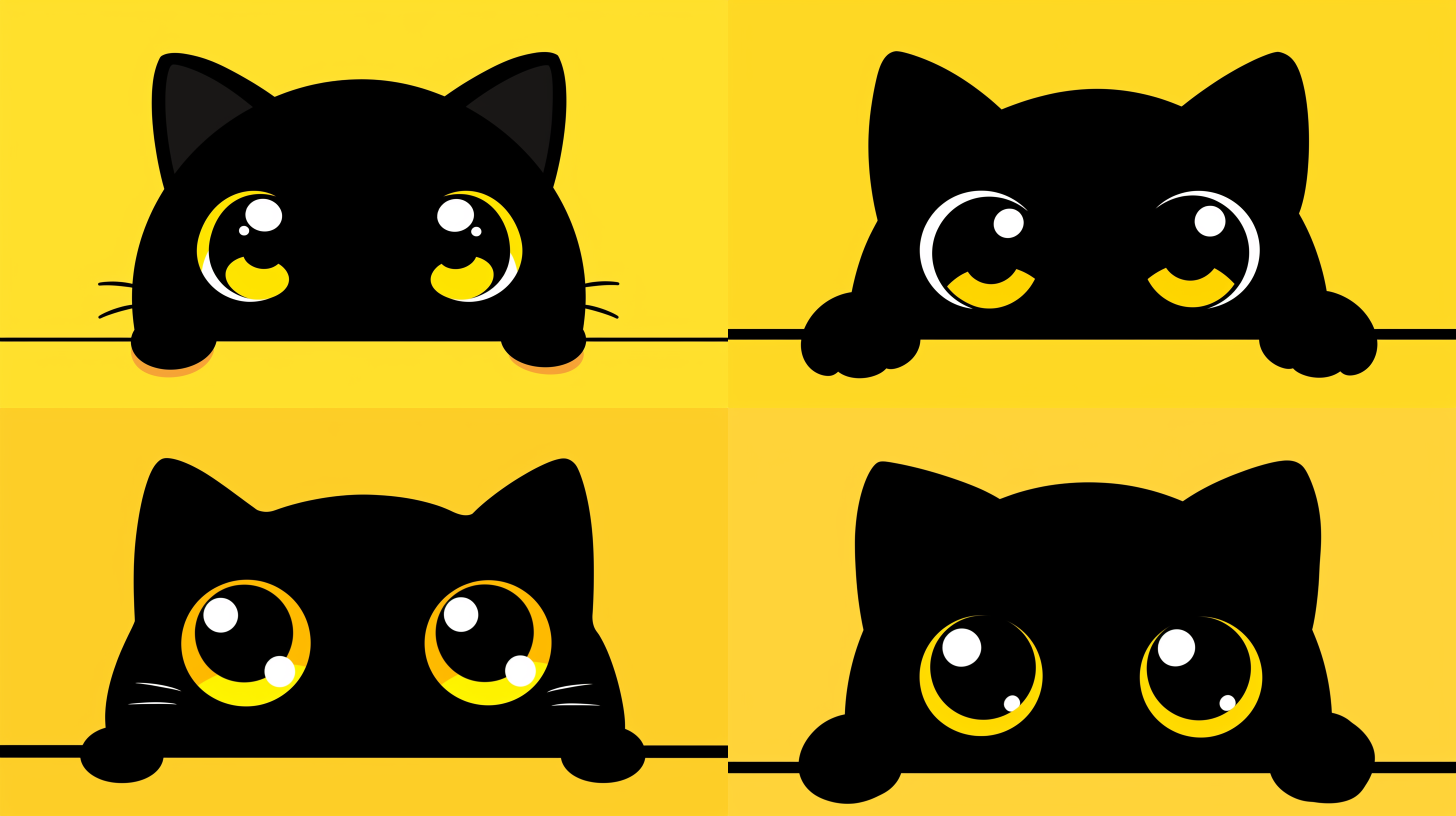 黑猫，偷看动作，以黑猫为视觉中心，平面卡通风格，数字媒介，特写视图，1:1比例，无透视，静态构图，表达俏皮好奇氛围。没有人类