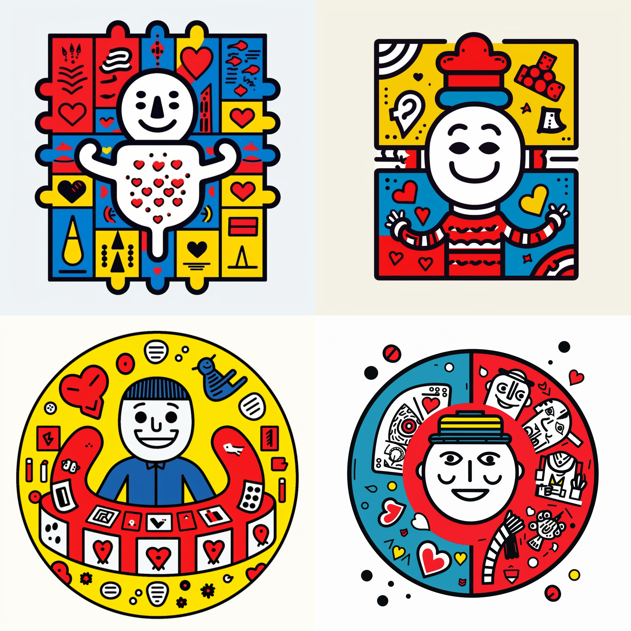 微笑面孔与红桃心，四人扑克游戏，插画，白色背景，极简主义插画，粗线条，keith haring风格，混合图案，文字与表情符号装置，8k，对称构图，鲜艳色彩，平面设计，动态姿势，欢乐氛围。