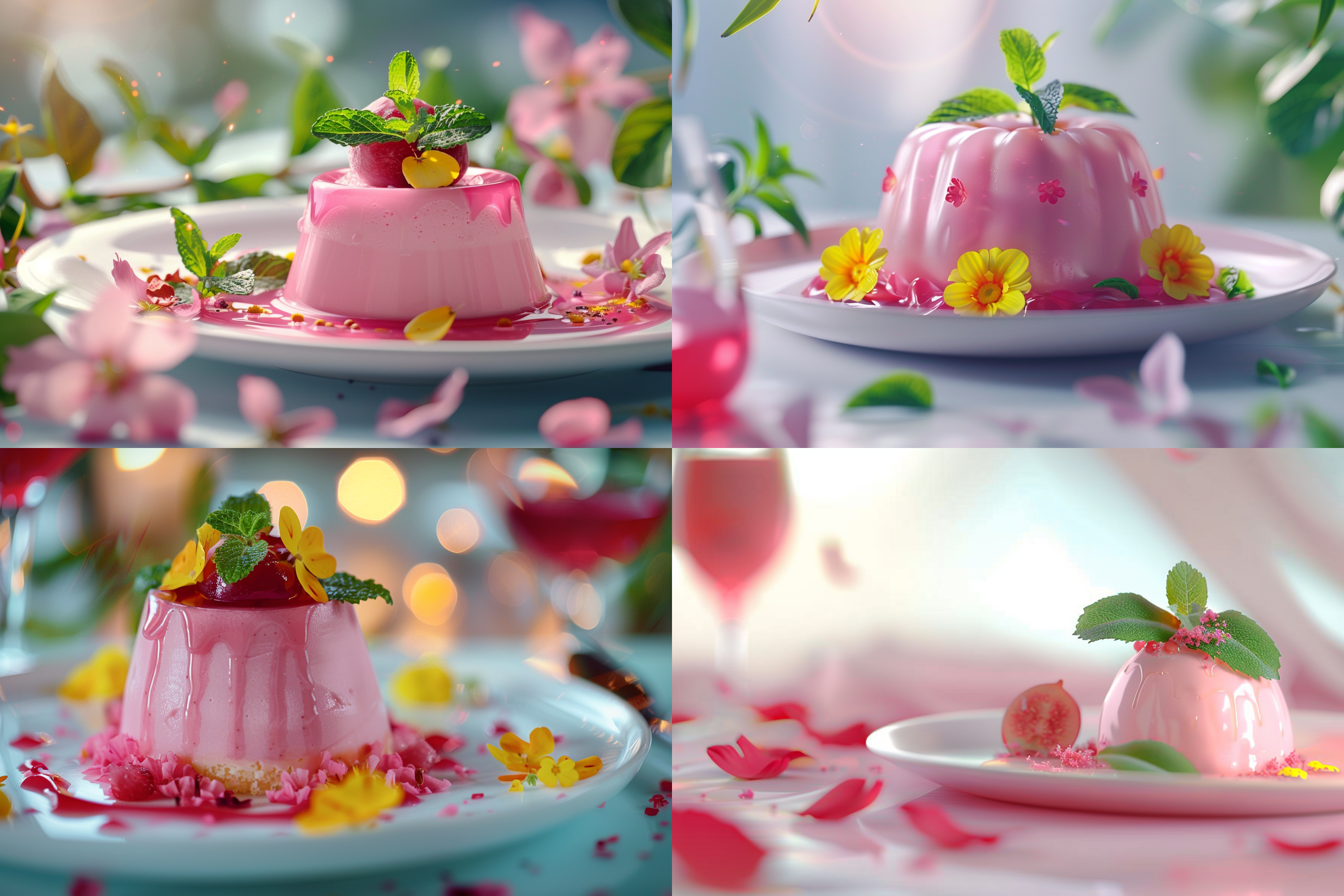 精致的粉色甜点特写，奶油馅料，绿色薄荷叶，黄色花瓣，白色盘子，红色酸梅汤，背景虚化，焦点细节，鲜艳色彩，8k 3d风格，超现实，32k uhd，温暖诱人，真实感渲染，自然瞬间，超精细渲染。
