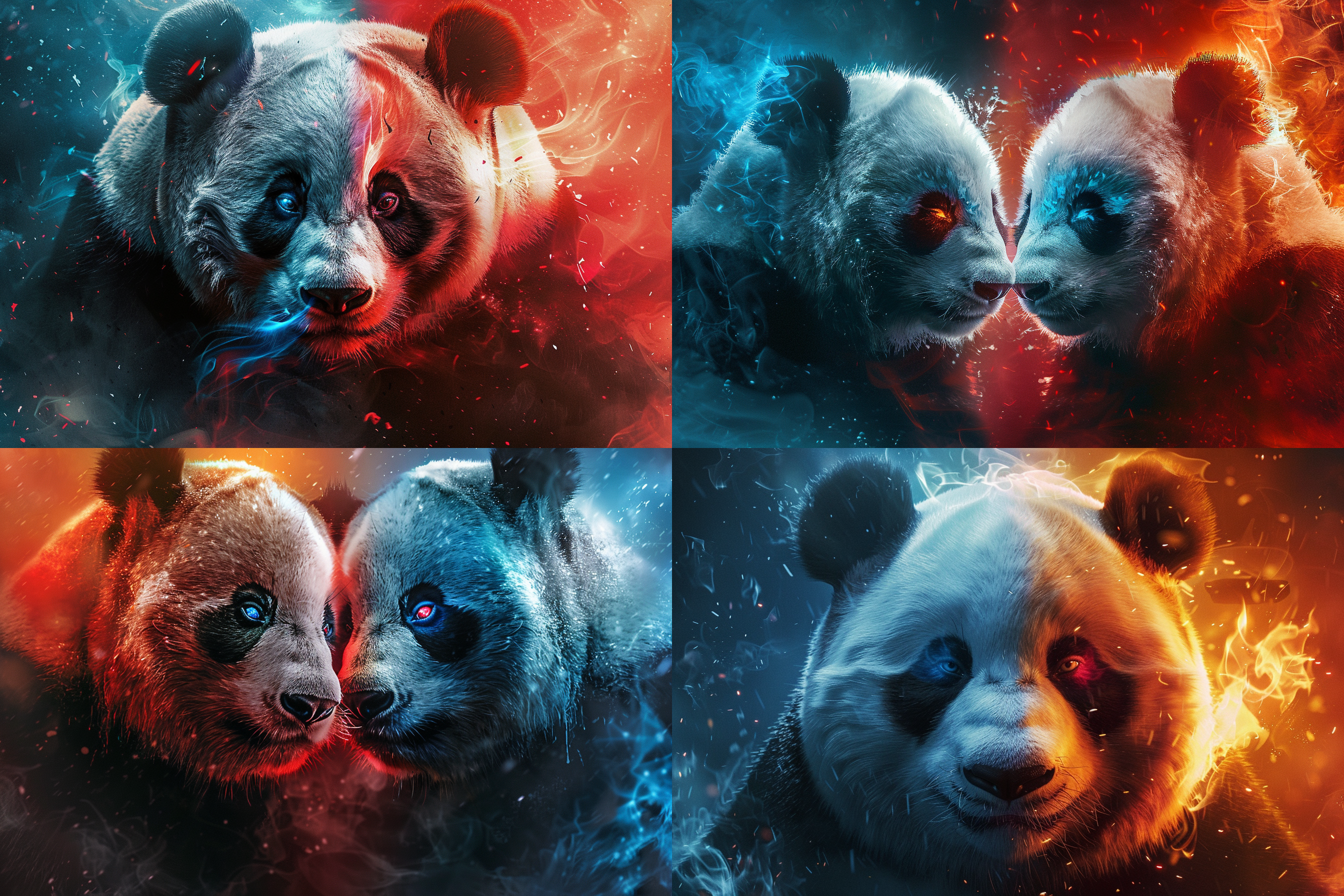 电影海报，对称构图，魔幻风格，黑白异色面孔熊猫，昂首挺立，火焰与冰，蓝色与红色眼睛，激情与冷静，毛皮交织，力量与平衡，色彩丰富，超级多细节，高对比度，广角镜头，侧光，动态模糊，紧张与平静。