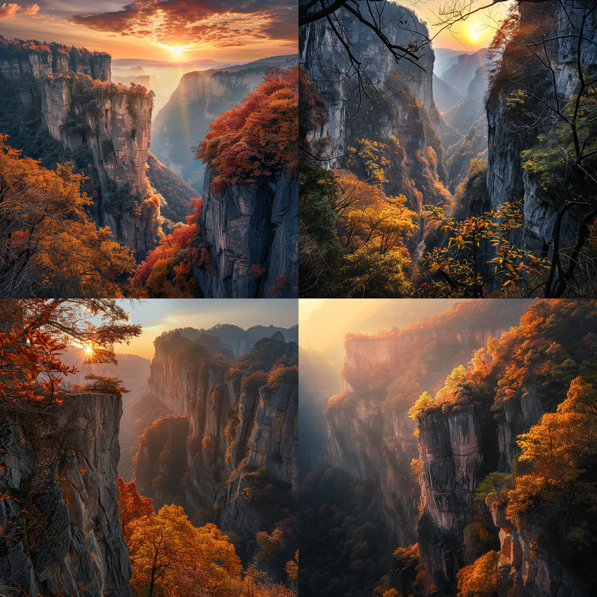 太行山秋日夕阳，崖壁雄浑，树叶金黄，冷暖对比，远景构图，逆光，广角镜头，高动态范围，暖色调，金色光芒，宁静，壮丽。