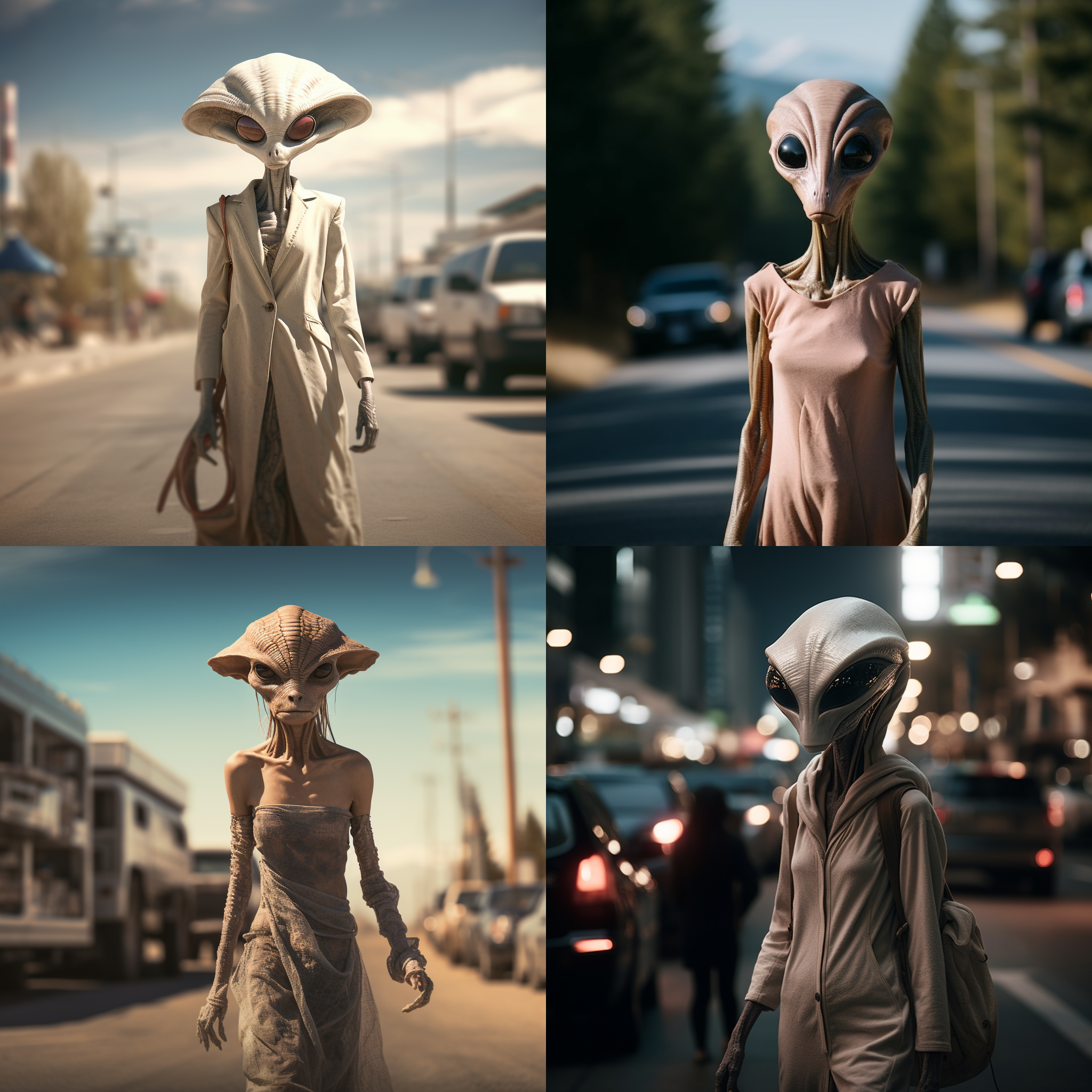 外星人穿着女装，试图打扮成人类，躲在转角处，周边路上有人类走动