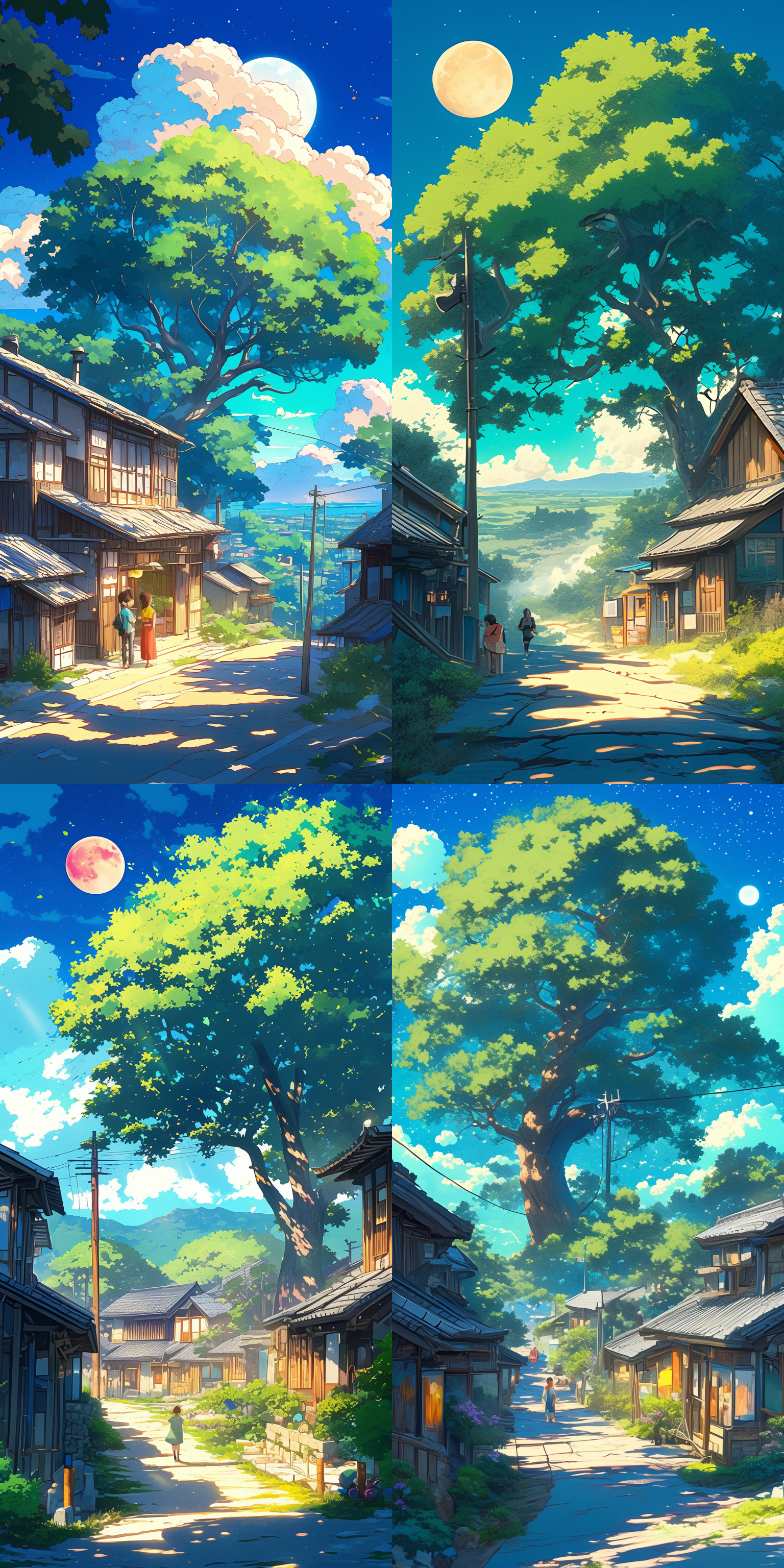 东亚乡村旧房子，大树，圆月，宫崎骏风格，夜晚，低角度，广角镜头，柔和光线，梦幻色彩，宁静，神秘。