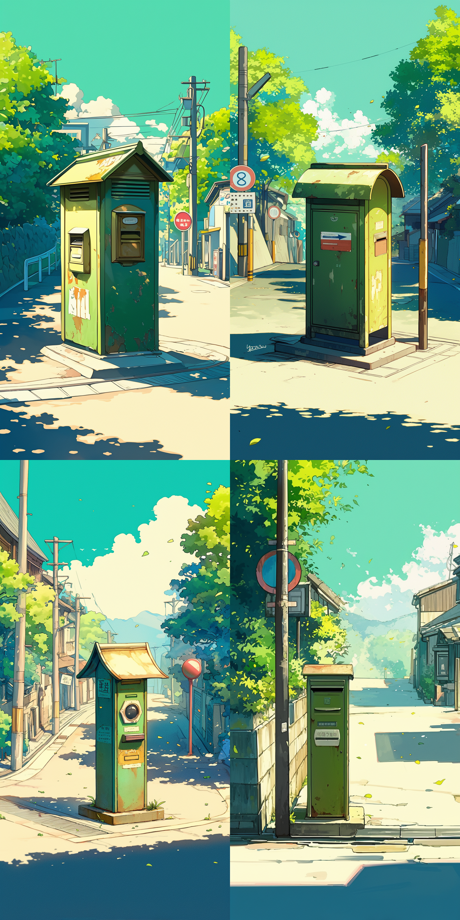 斑驳墨绿邮筒，右下角，淡绿背景，复古风格，细节清晰，自然光，静物，怀旧，柔和色彩。