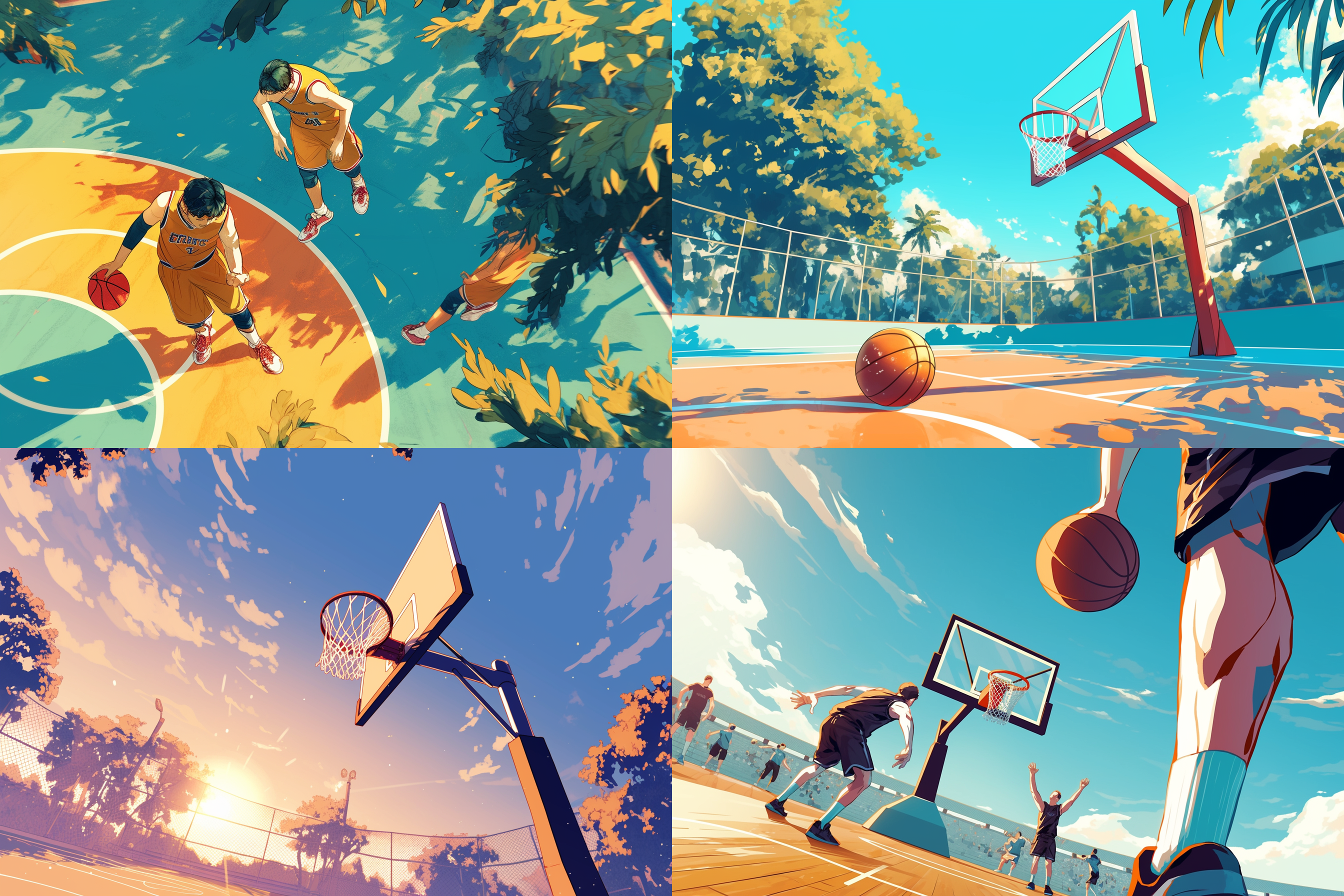 写实漫画风格，手绘风格，平面，远景镜头，色彩丰富，光线柔和，有质感，篮球比赛