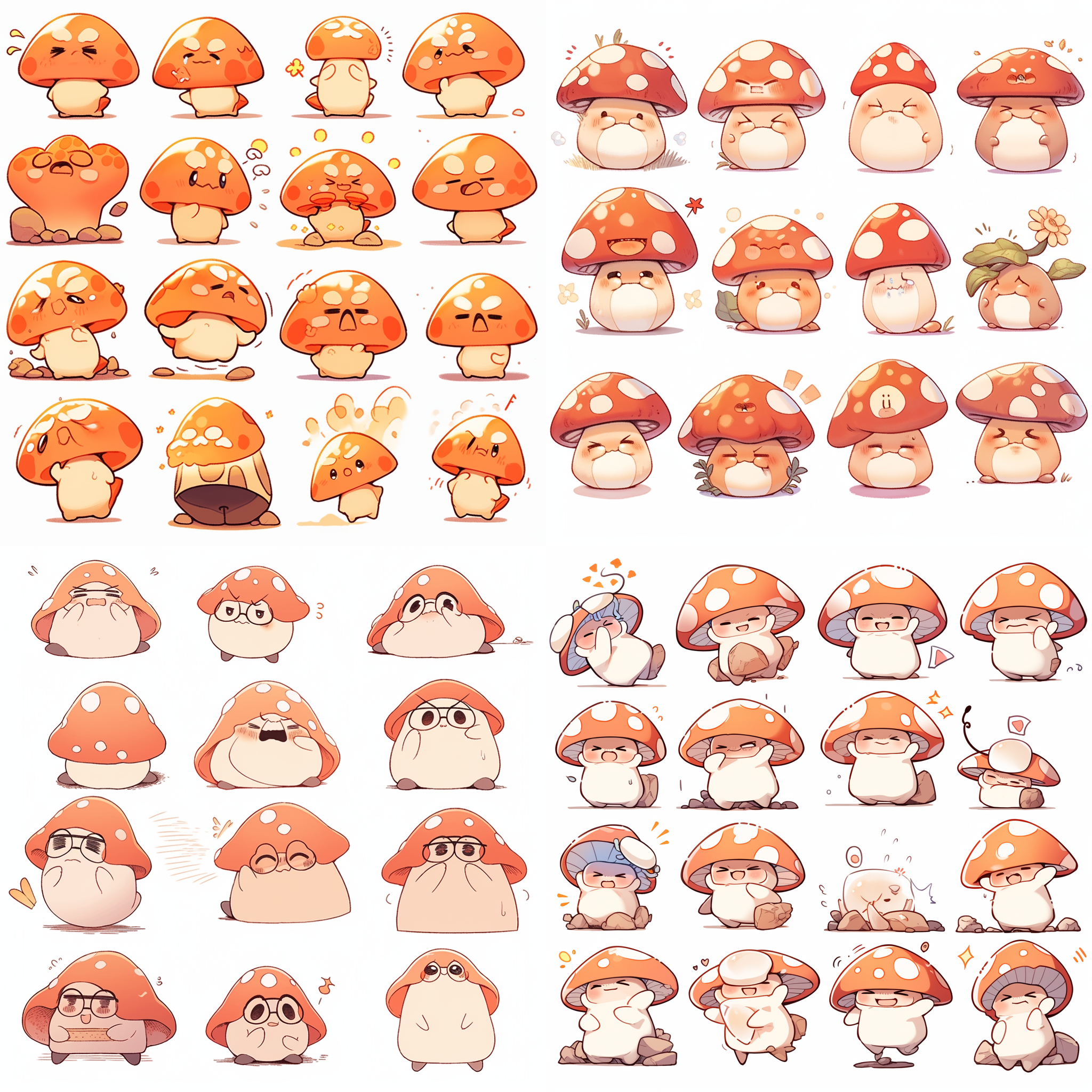 卡通小蘑菇，拟人化表情，喜怒哀乐，大笑，大哭，戴眼镜，捂眼睛，抠鼻子，16种表情，多动作姿态，白色背景，明亮色调，q版风格，夸张表情，动态捕捉，柔和光线，可爱，活泼，创意。