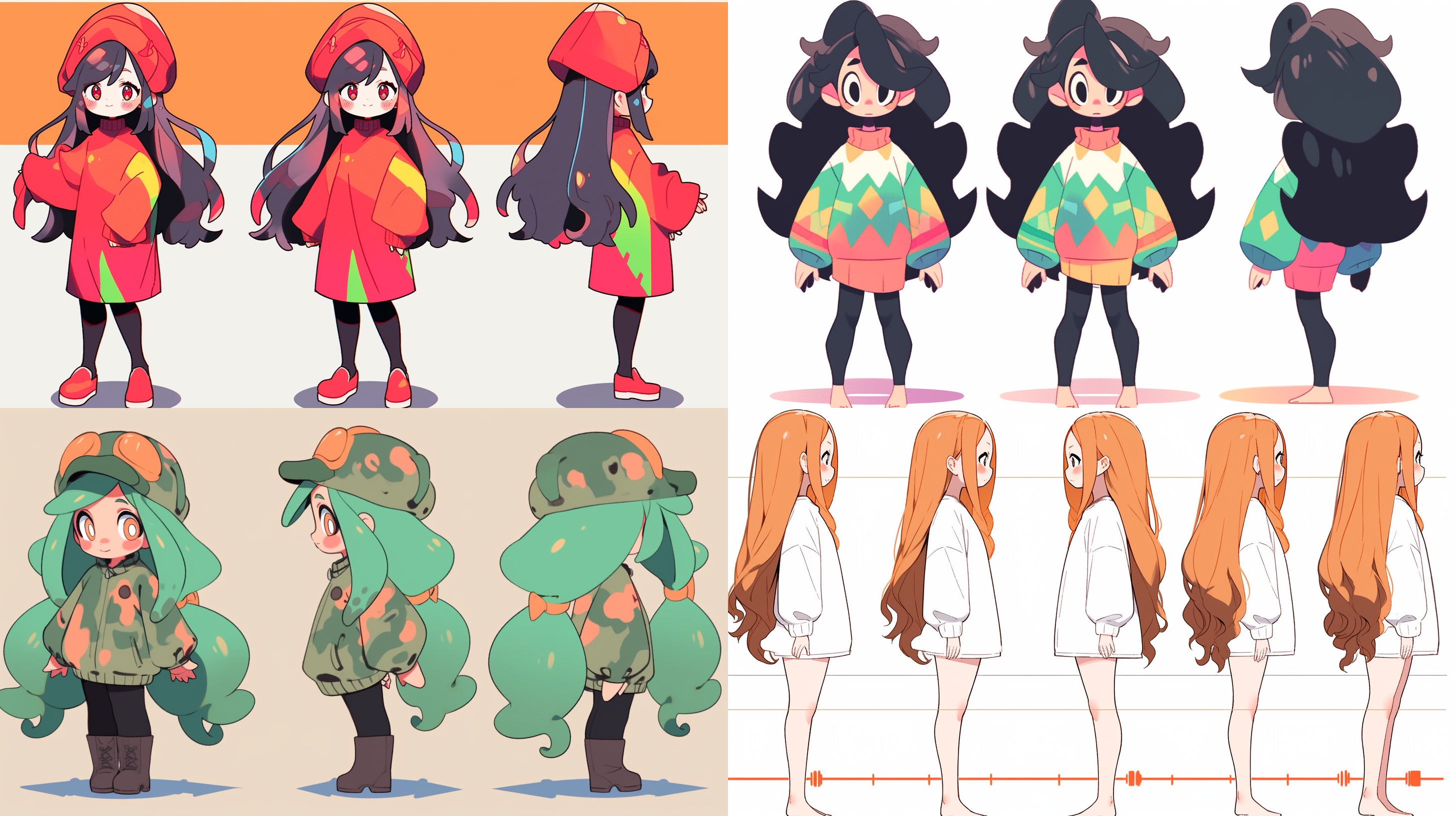 卡通女孩ip，三视图，大眼睛，微笑，长发，彩色，平面设计，高饱和度，正面侧面背面，简洁线条，明亮背景，可爱表情，活泼姿态，创意元素，温馨氛围。