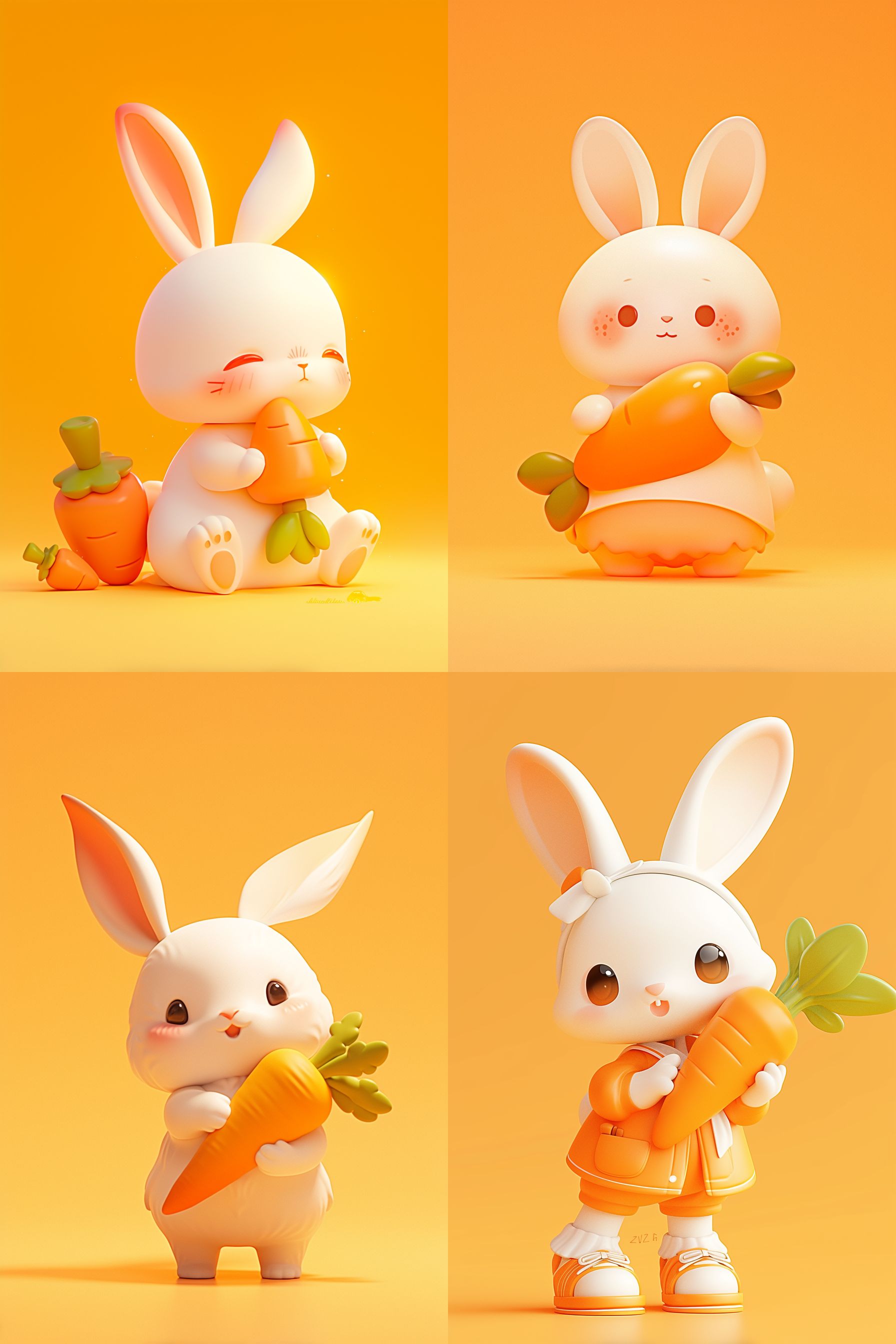 由泡泡玛特制作的超级可爱白兔 ip 形象，手持胡萝卜，3d 模型，盲盒玩具，精致光泽，干净背景，3d 渲染，最佳质量，画面偏橙黄色