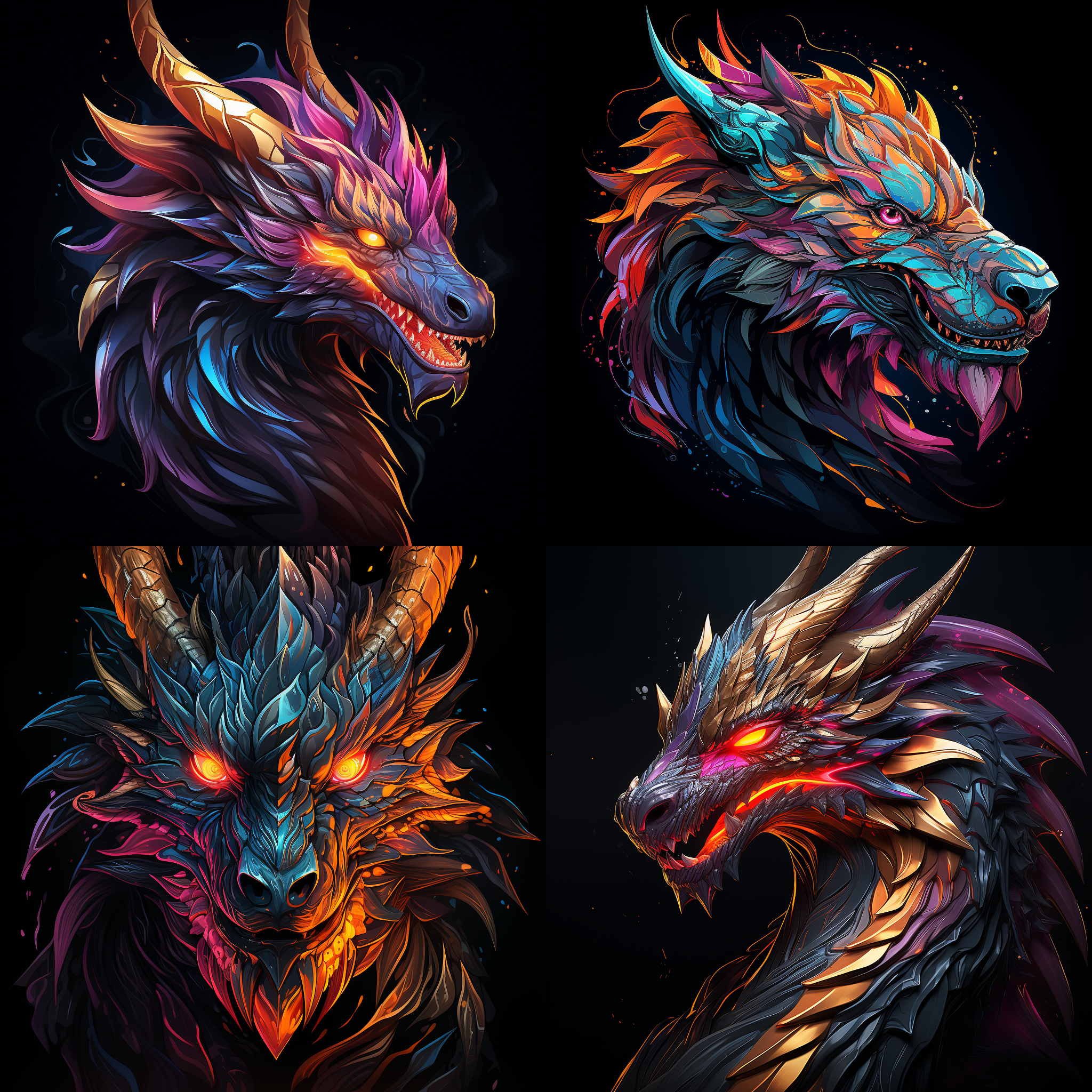 龙头标识，色彩鲜艳，神态逼真，线条锐化，纯黑色背景，插画风格，柔光，超高清8k分辨率，艺术美感，扁平化设计，高饱和度，细节丰富，动态感，专注表情，高对比度，专注眼神，动态效果。