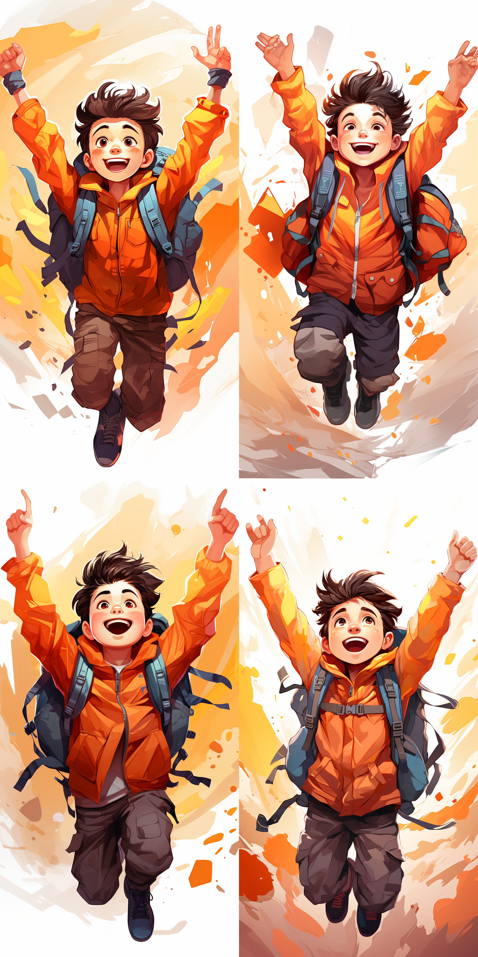 帅气小男孩，夸张动态，丰富表情，鲜艳色彩，简笔卡通画，纯白色背景，扁平化构图，超高清分辨率，高饱和度，明亮光线，生动活泼，朝气蓬勃，开心快乐，夸张表情，动态姿势，简笔风格，扁平设计，高分辨率，鲜艳色彩，明亮光线，生动表情，活泼动作，开心氛围。