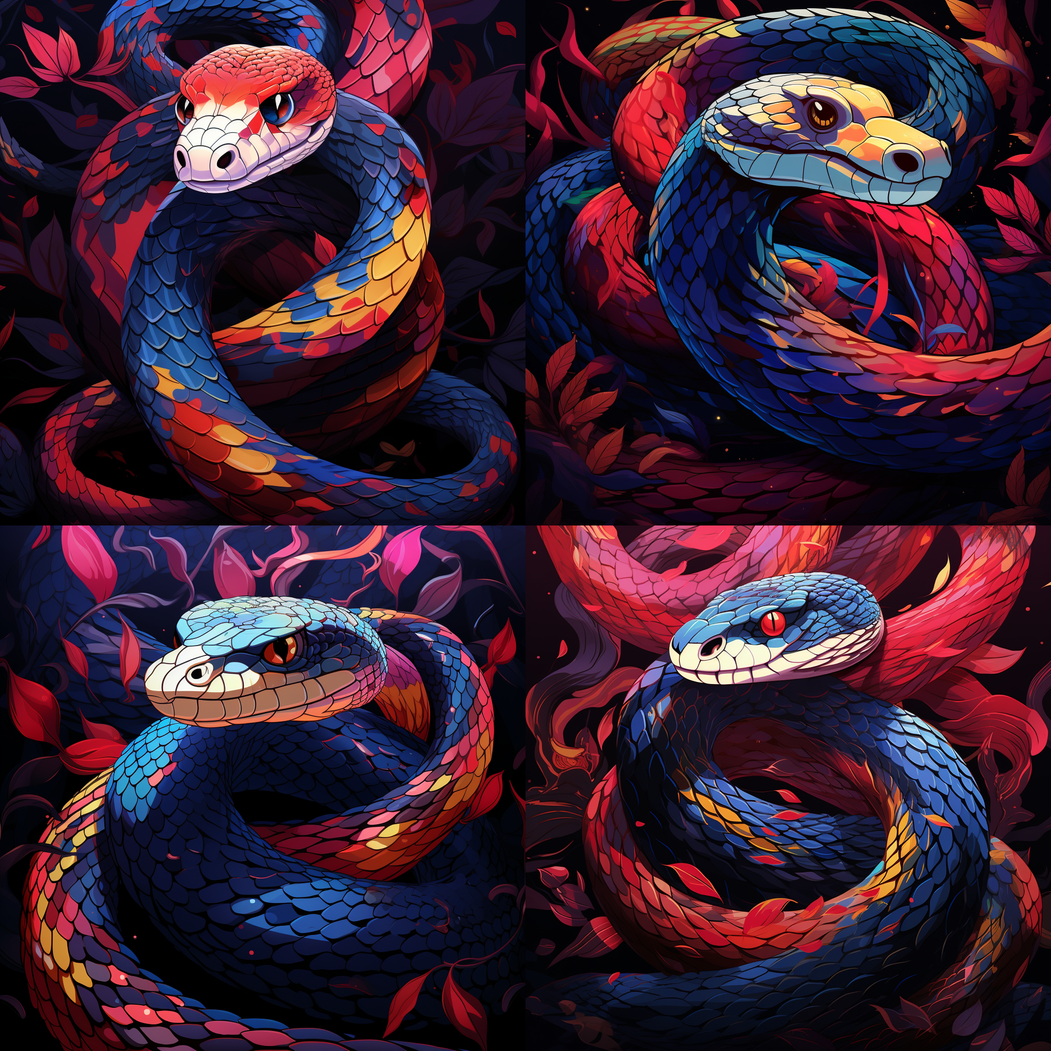 长蛇标识，色彩鲜艳，神态逼真，线条锐化，纯黑色背景，插画风格，柔光，超高清8k分辨率，艺术美感，扁平化设计，高饱和度，细节丰富，动态感，高对比度，动态效果。