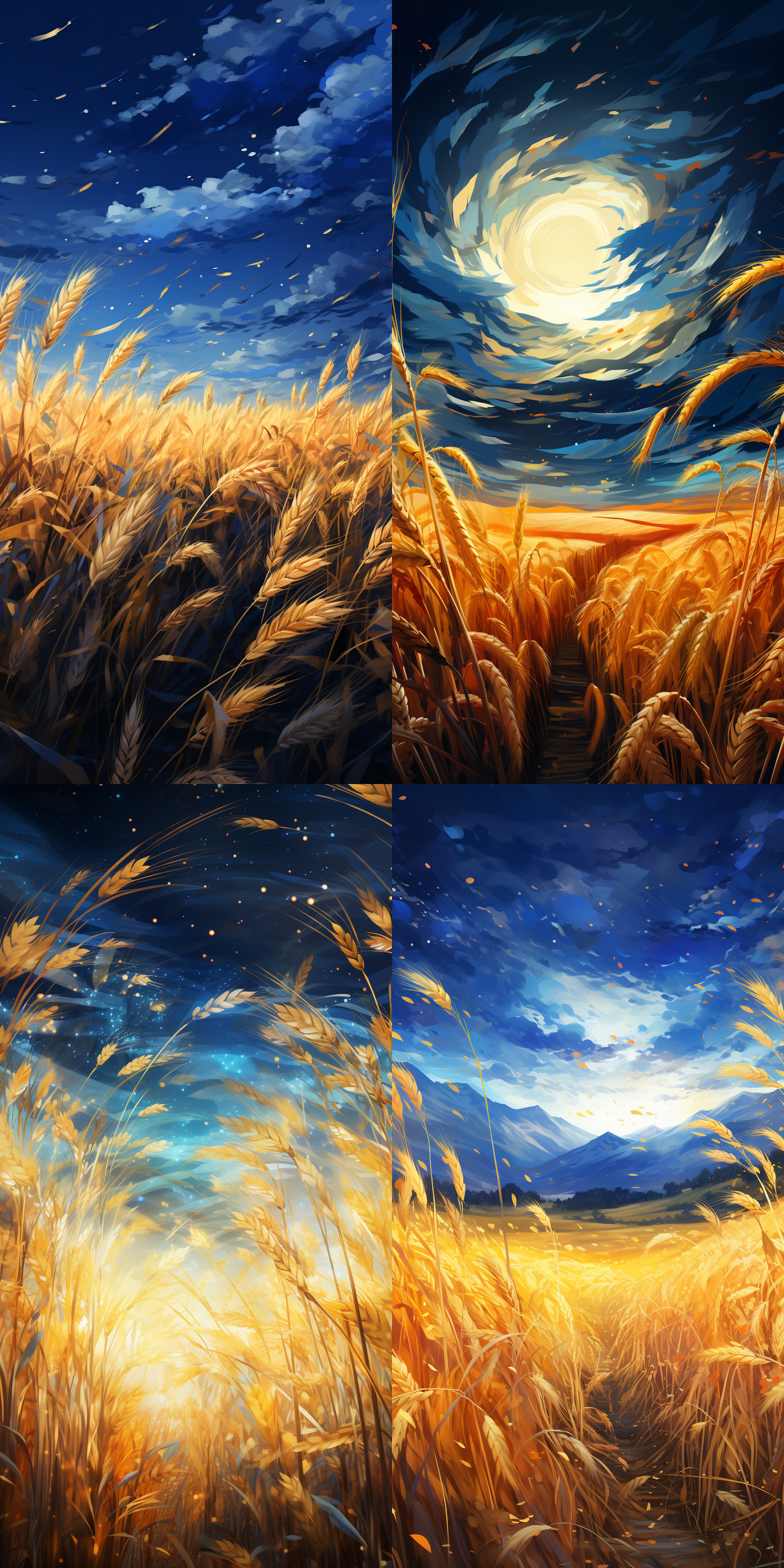 稻田金黄麦浪星海插画风格，浪漫艺术感，广阔田野，金黄与深蓝对比，星空点缀，柔和光线，长焦镜头，梦幻氛围，宁静，温暖。