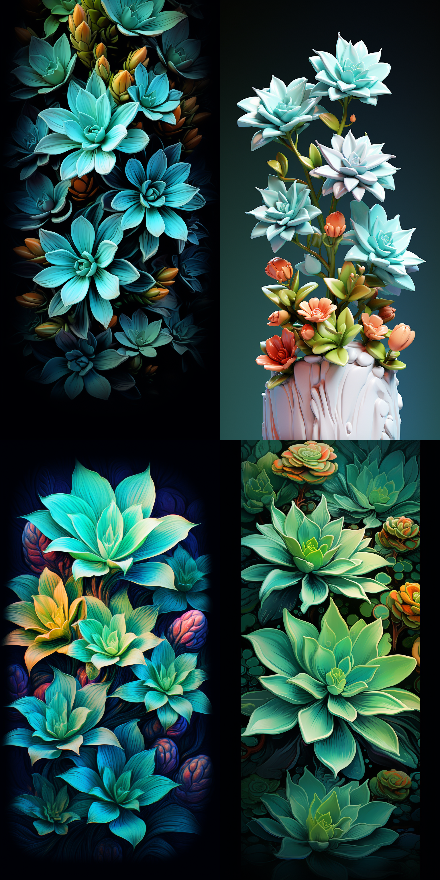 可爱的多肉植物，枝叶饱满，蓝绿相间，极简插画风格，立体纵深感，细节逼真，层次分明，伦勃朗光，3d渲染，超高清8k分辨率，长焦镜头，微距，具有艺术性。