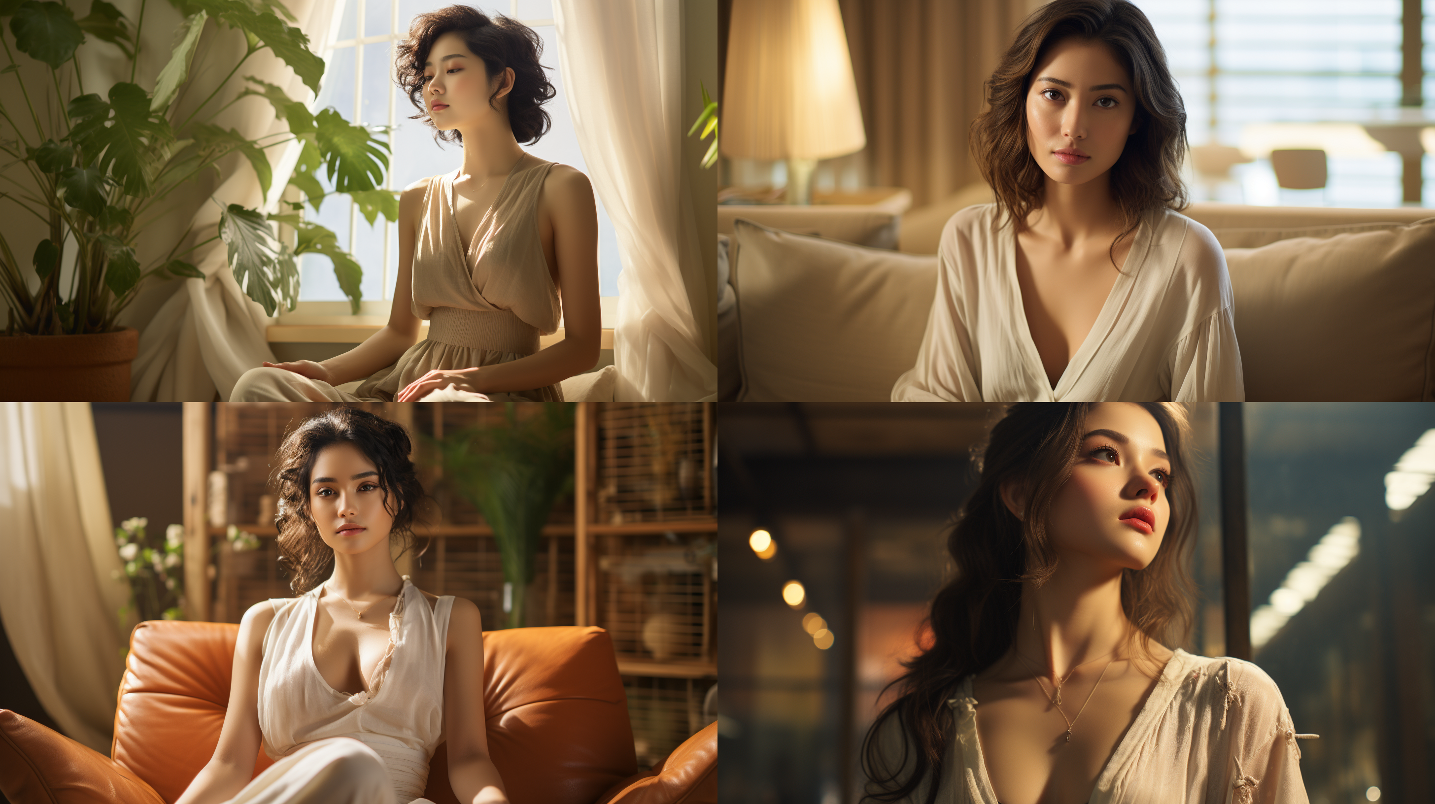 日式客厅，中国少女，浅色衣装，盘腿坐姿，抬头望向天花板，香槟色调，柔和明亮，专业演播室灯光，强烈光影效果，焦点清晰，sony fe 50mm f1.2镜头，12点钟方向模拟阳光，高清晰度，超高清质感，特写镜头，浅色地毯背景，光影清晰，色彩细节和谐。