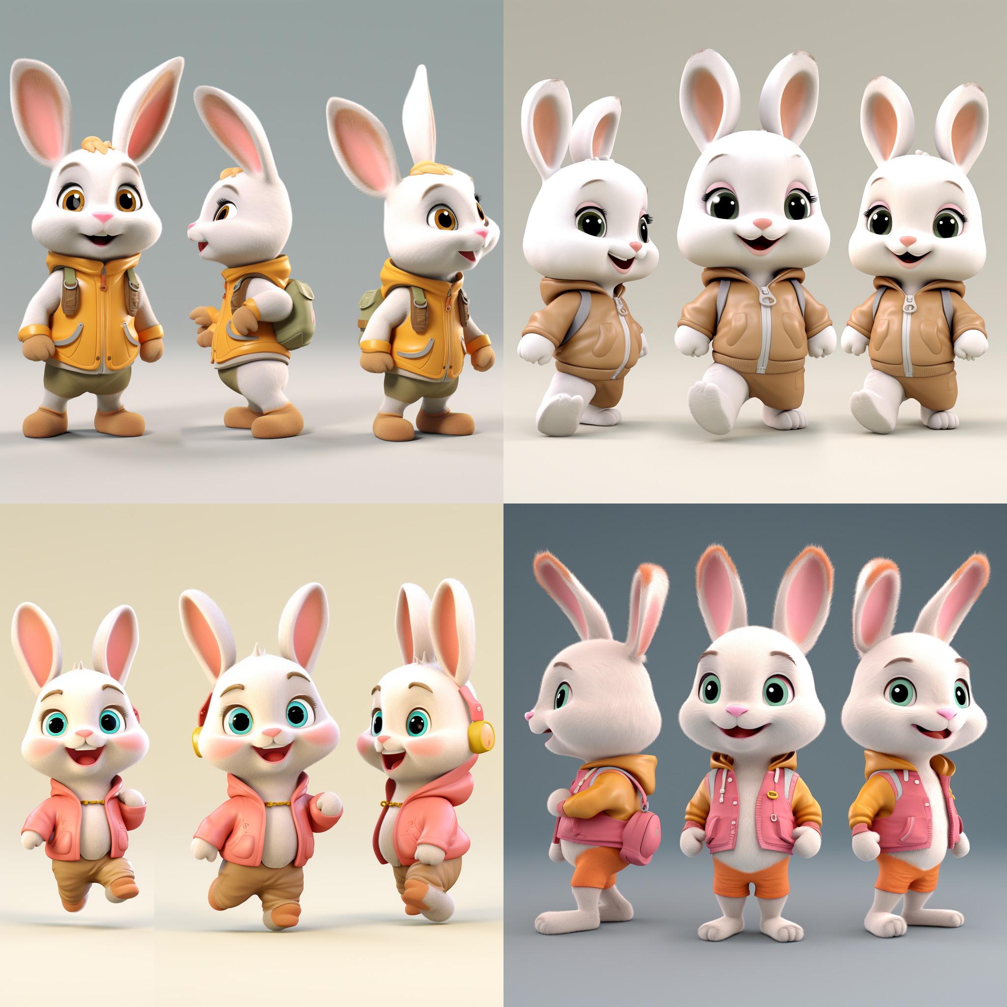 兔子卡通ip，三视图，正面侧面背面，穿衣服，可爱，干净背景，pop mart，pixar，ip盲盒，粘土材料，柔和颜色，工作室灯光，octane render，3d，c4d，超高清8k，16:9纵横比，细节丰富，皮克斯风格。