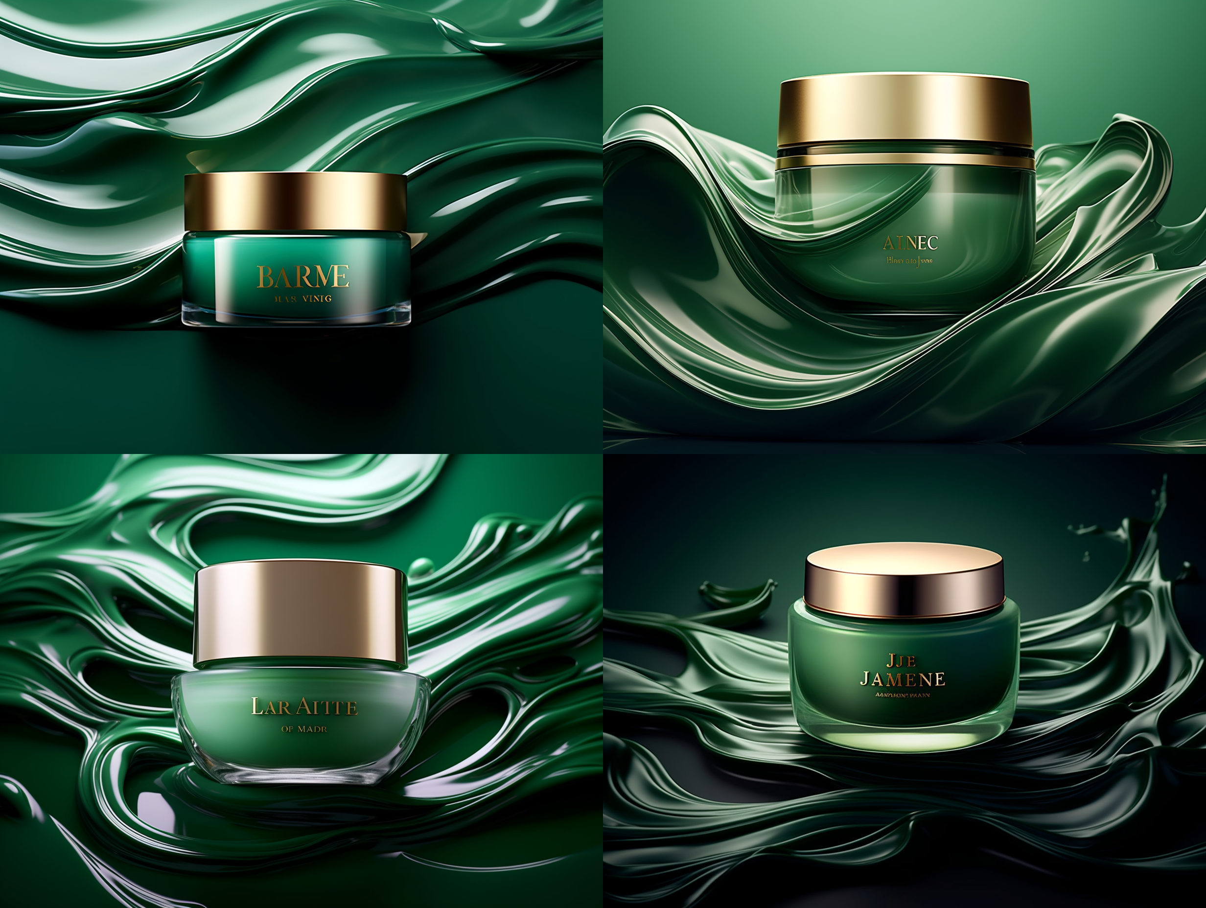 全屏绿色背景，换妆品产品，液体表面，绿色波浪，漩涡状，奢华高端美学，极简风格，高分辨率摄影，对称构图，自然光，广角镜头，清晰细节，鲜艳色彩，优雅氛围。