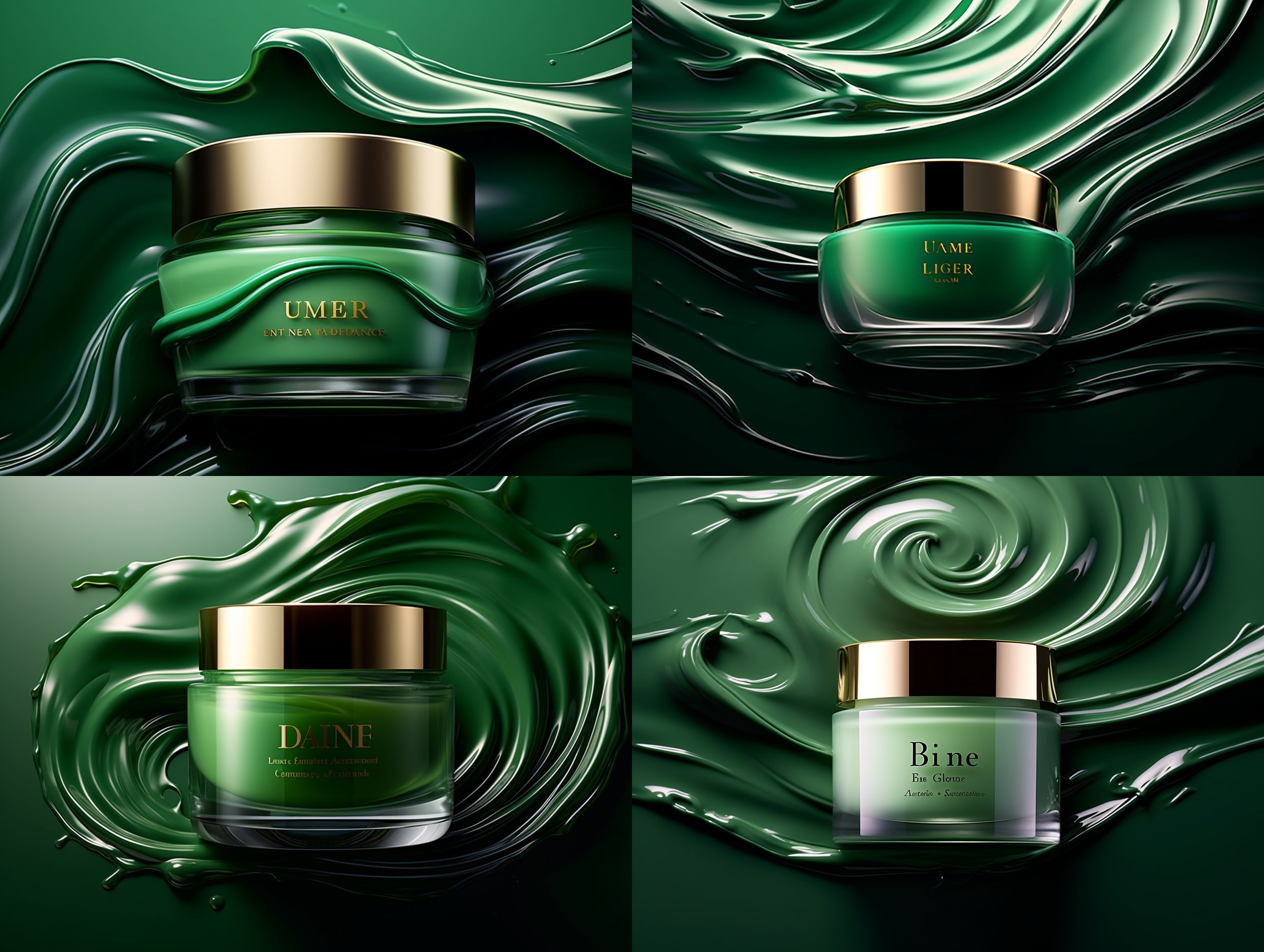 全屏绿色背景，换妆品产品，液体表面，绿色波浪，漩涡状，奢华高端美学，极简风格，高分辨率摄影，对称构图，自然光，广角镜头，清晰细节，鲜艳色彩，优雅氛围。