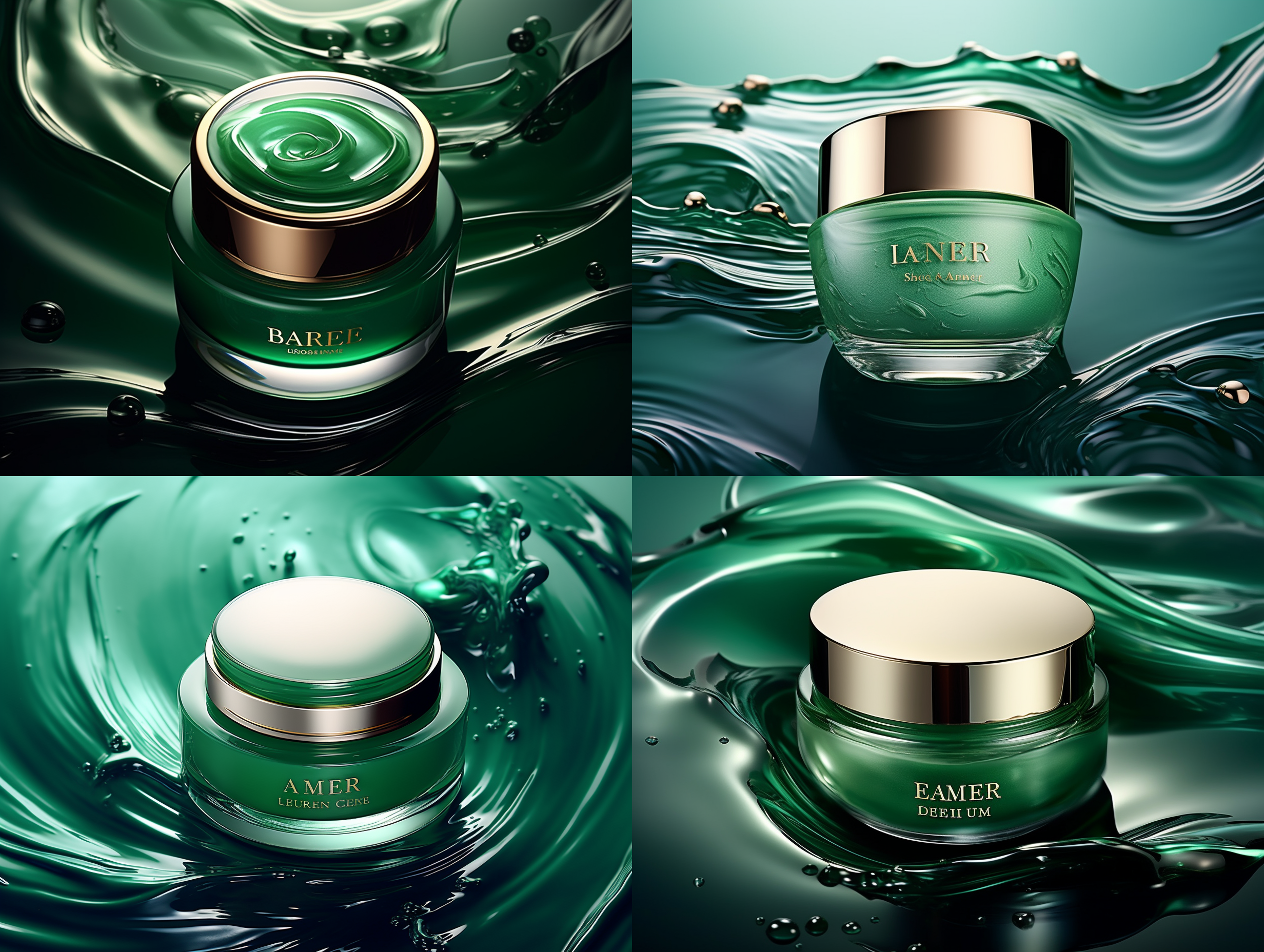 俯视图，化妆品产品，液体表面，绿色波浪，水泡，漩涡状，奢华高端美学，极简风格，高分辨率摄影，广角镜头，自然光，细节清晰，色彩鲜艳，动态效果，高端质感。