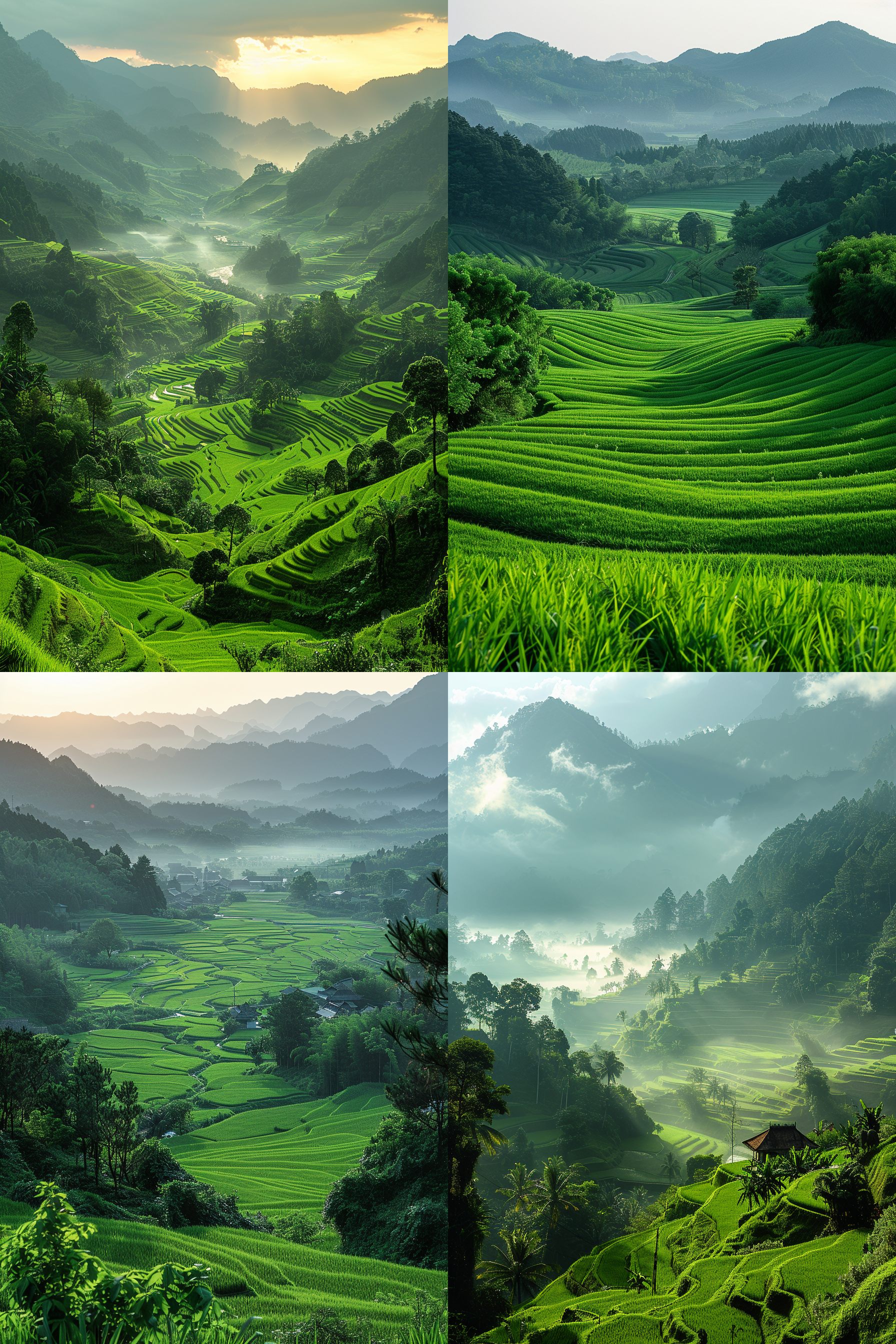 绿油油的水稻田，广阔视野，自然风光，清晨阳光，长焦镜头，柔和光线，宁静，生机勃勃，绿色调，和谐。