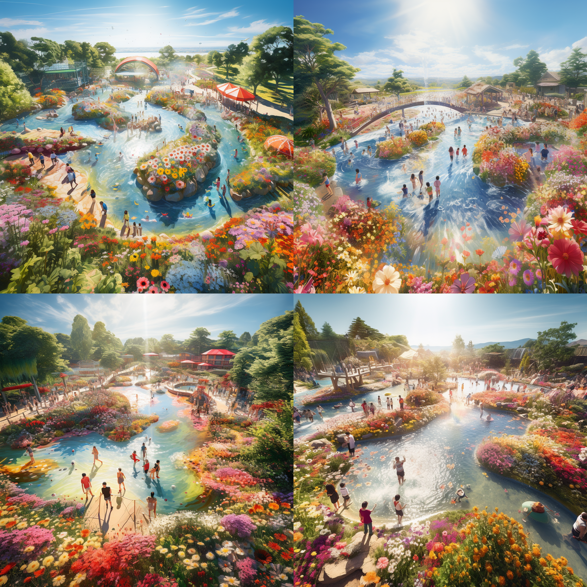 鸟瞰构画面，花海中的水池，儿童戏水，水滑梯，水秋千，自然风光，花海环绕，儿童笑脸，水花四溅，广角镜头，自然光，欢乐，鲜艳色彩。